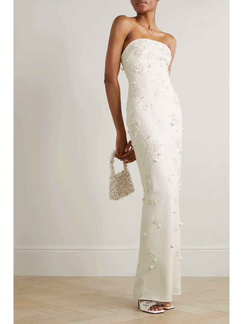 Clio Peppiatt Strapless Embellished Stretch-crepe Gown, worn by a model