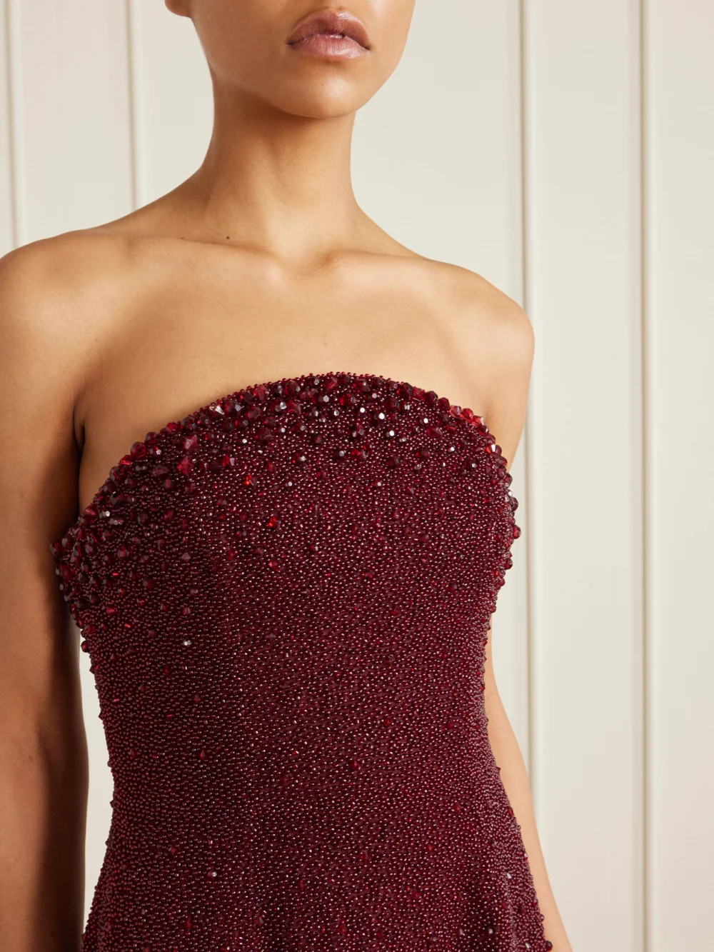 Close-up detail of the Clio Peppiatt Tina Strapless Embellished Crepe Gown