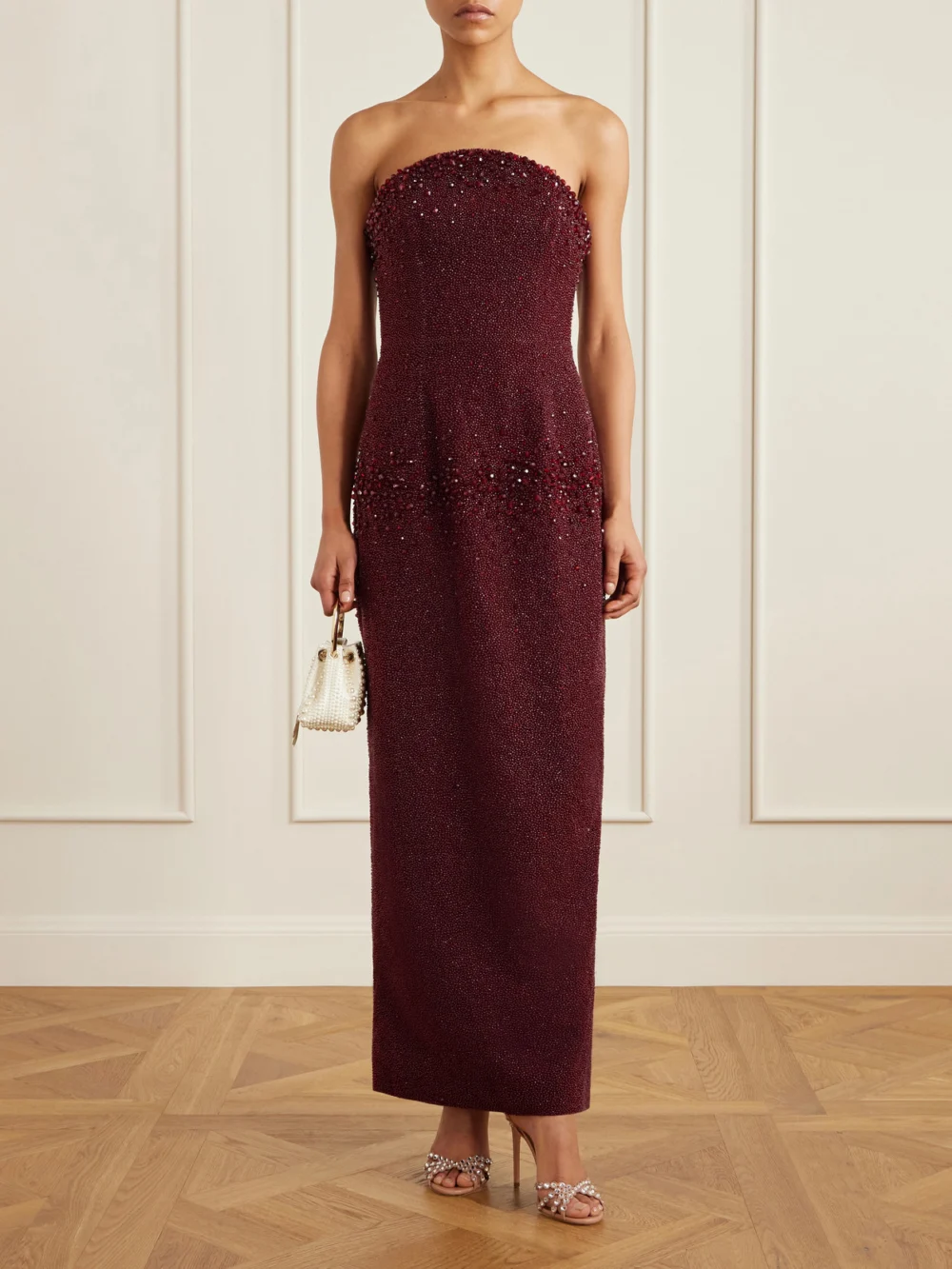 Clio Peppiatt Tina Strapless Embellished Crepe Gown, worn by a model