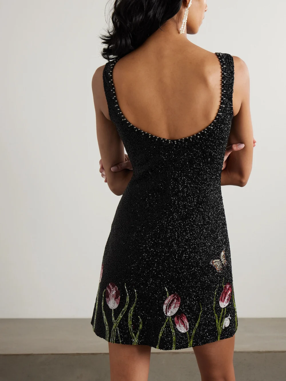 Back view of the Clio Peppiatt Tulip Bead-embellished Stretch-tulle Mini Dress