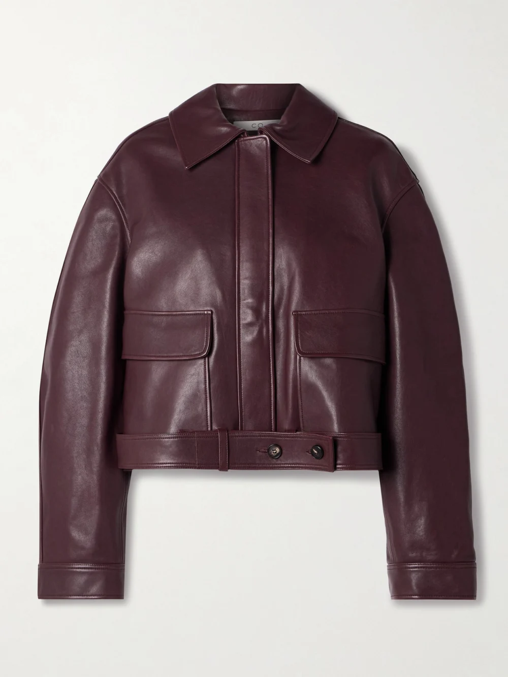 Co Belted Leather Jacket in burgundy
