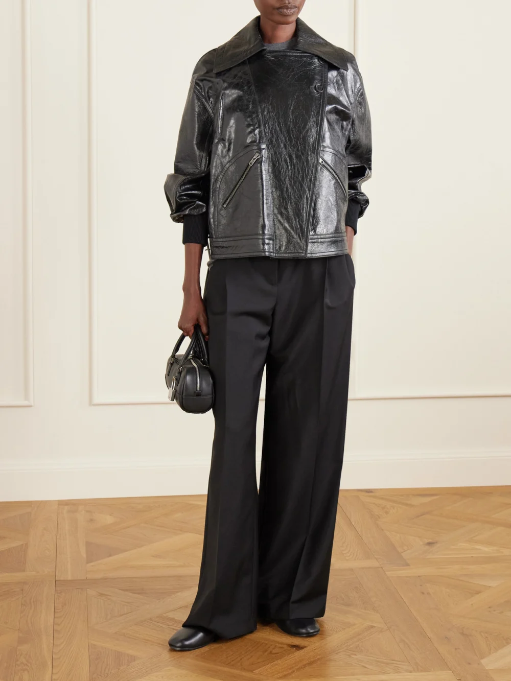 Co Engineered Double-breasted Leather Jacket, worn by a model