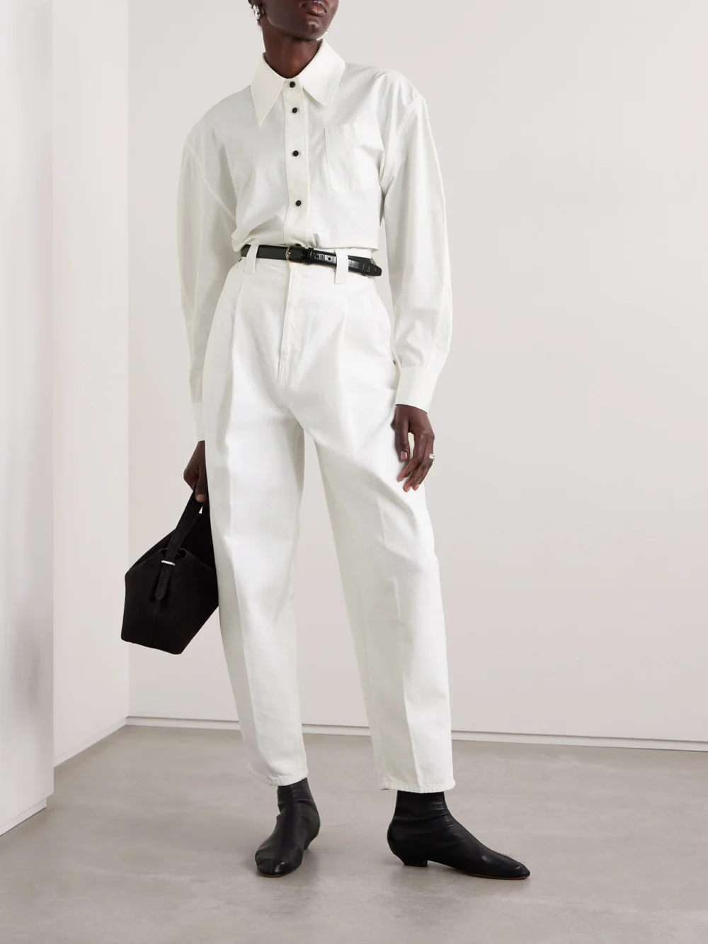 Co Gathered Cotton and Silk-blend Poplin Shirt, worn by a model