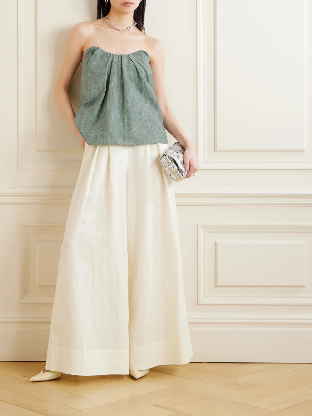 Co Strapless Gathered Wool-blend Top, worn by a model