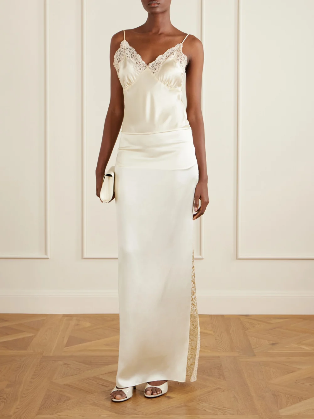 Colleen Allen Lace-trimmed Silk-satin Maxi Skirt, worn by a model