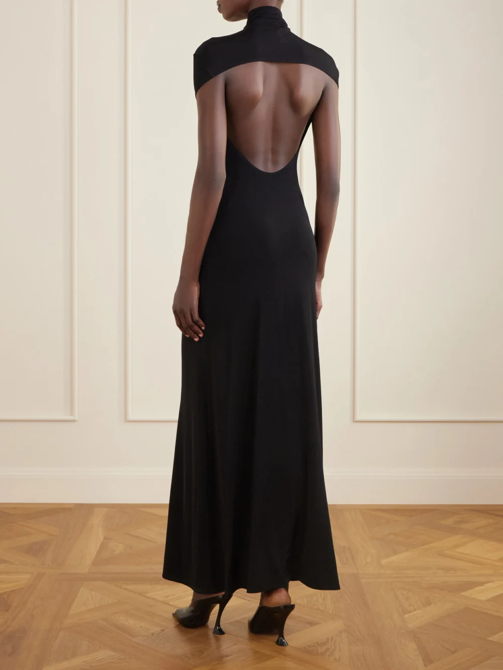 Back view of the Colleen Allen Open-back Jersey Turtleneck Gown
