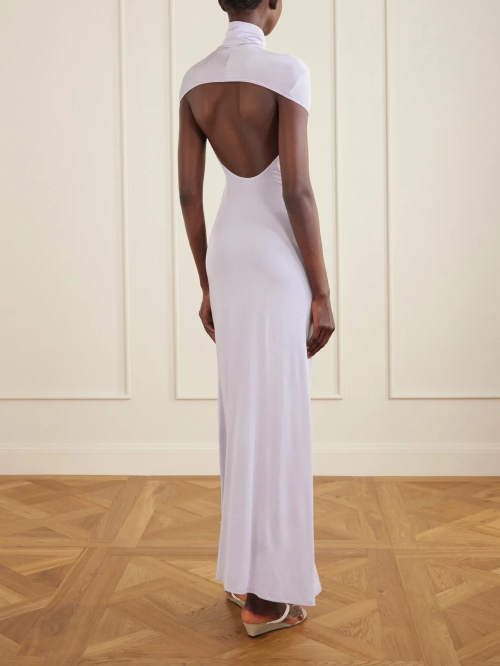 Back view of the Colleen Allen Open-back Jersey Turtleneck Gown