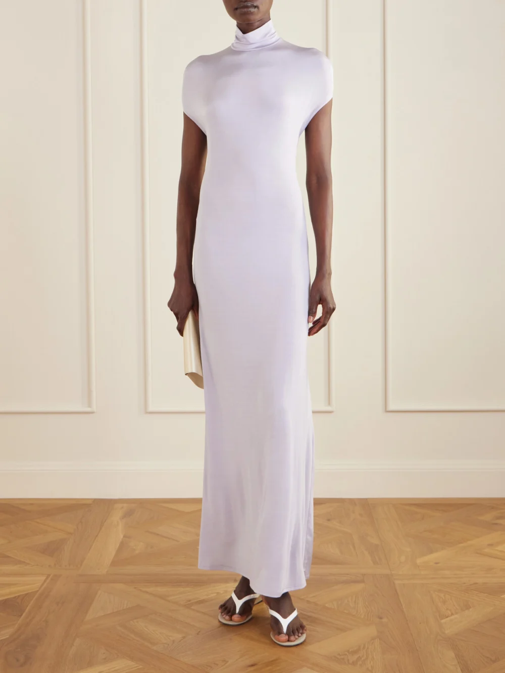 Colleen Allen Open-back Jersey Turtleneck Gown, worn by a model