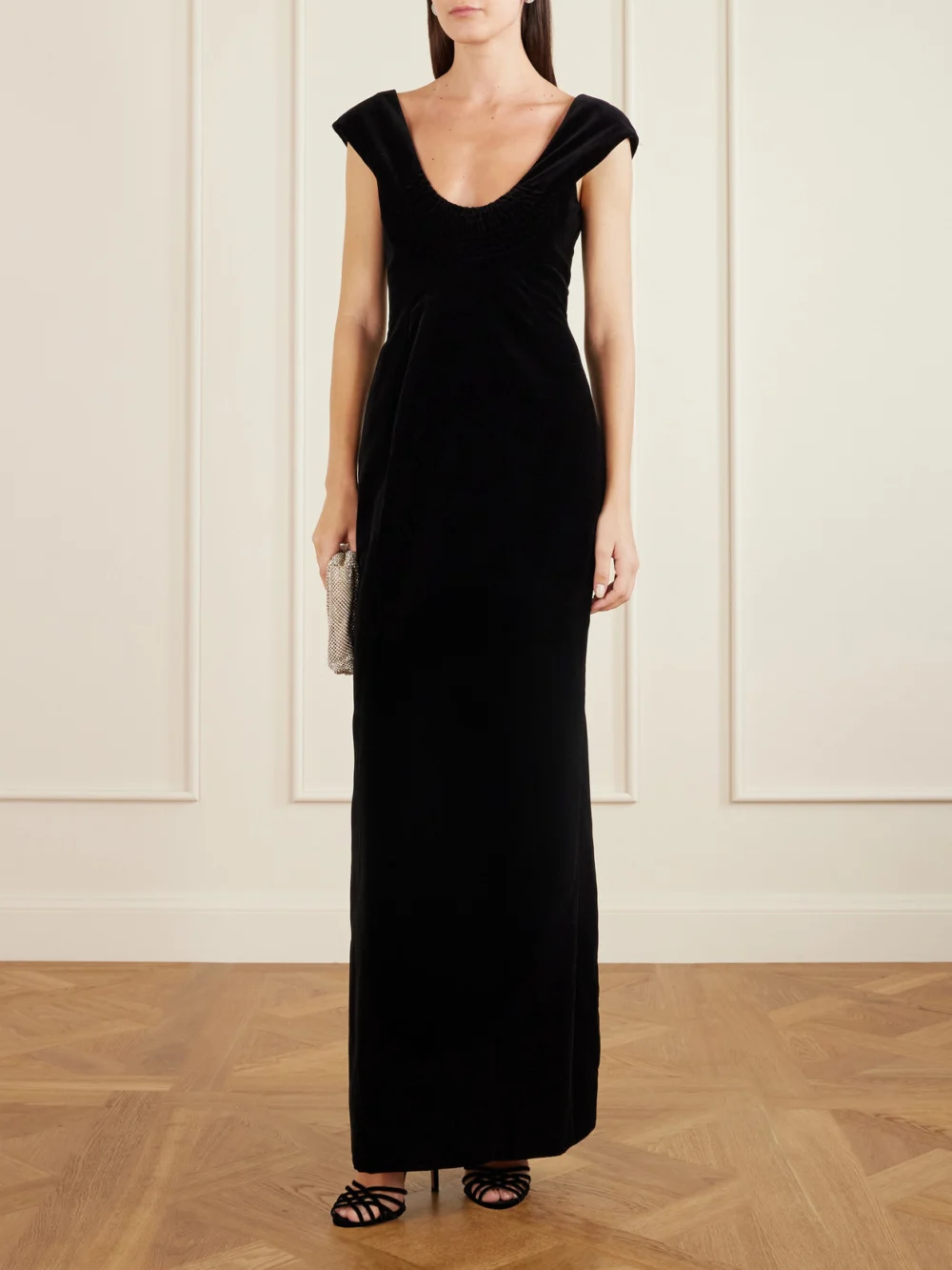 Colleen Allen Shirred Cotton-velvet Gown, worn by a model