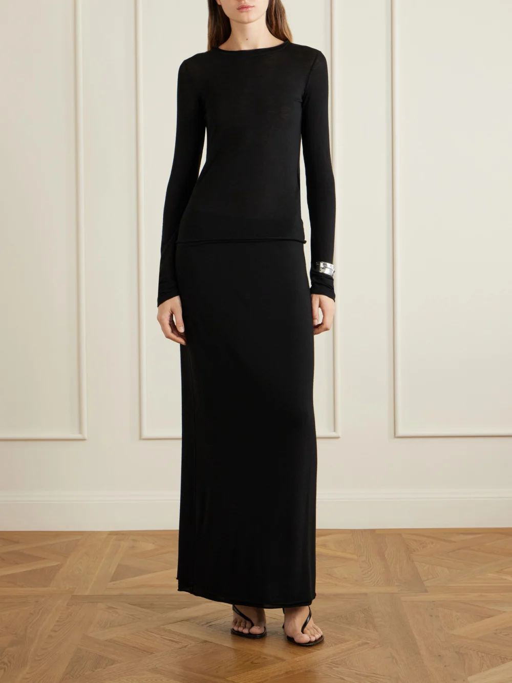 Colleen Allen Stretch Tencel™ Modal, Silk and Cashmere-blend Maxi Skirt, worn by a model