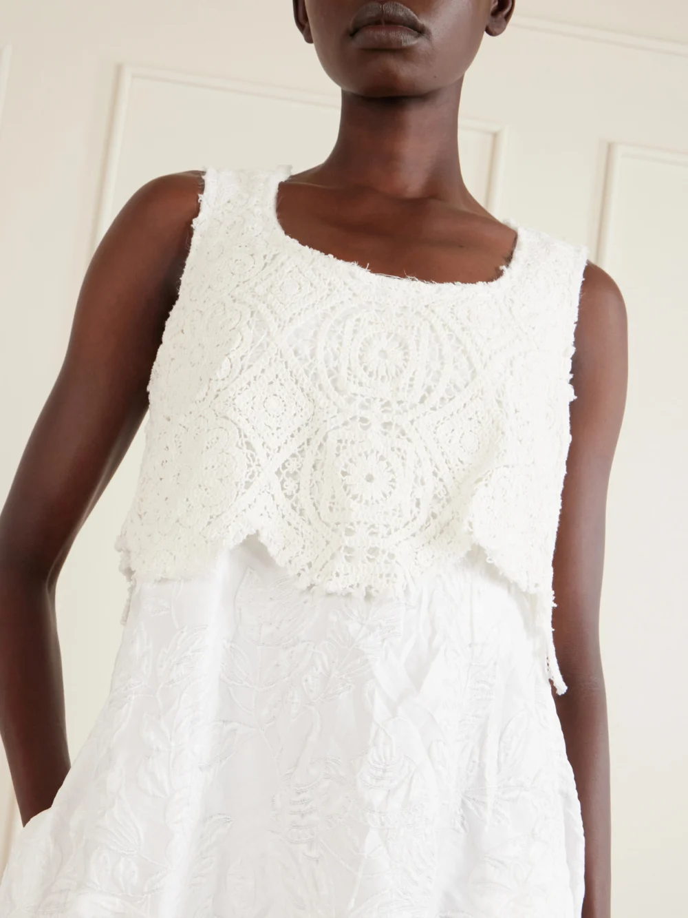 Close-up detail of the Comme des Garçons Crochet-trimmed Cloqué Midi Dress