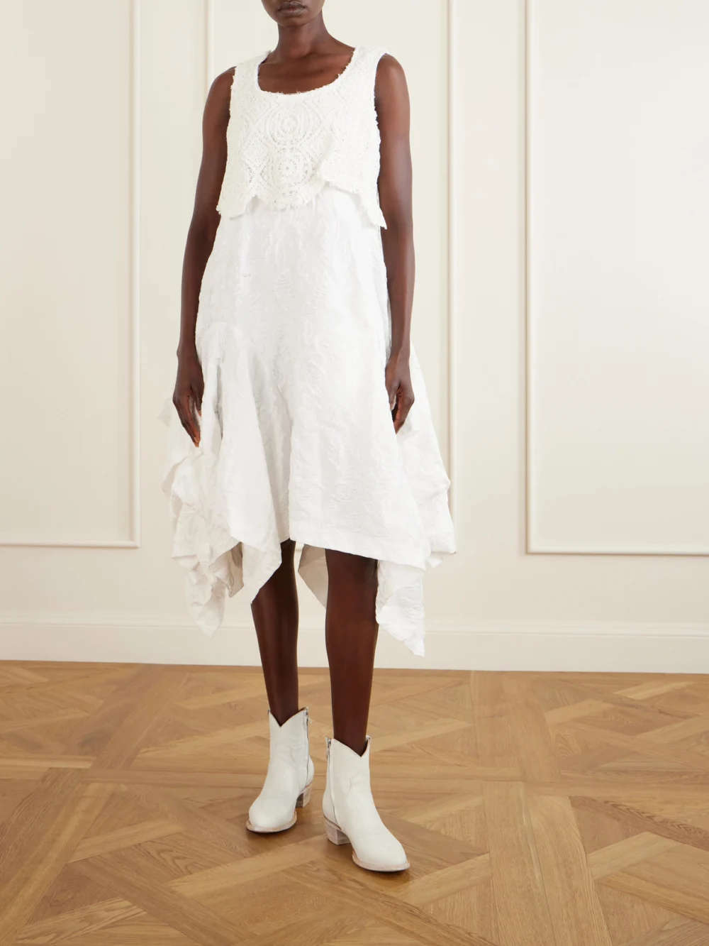 Comme des Garçons Crochet-trimmed Cloqué Midi Dress, worn by a model