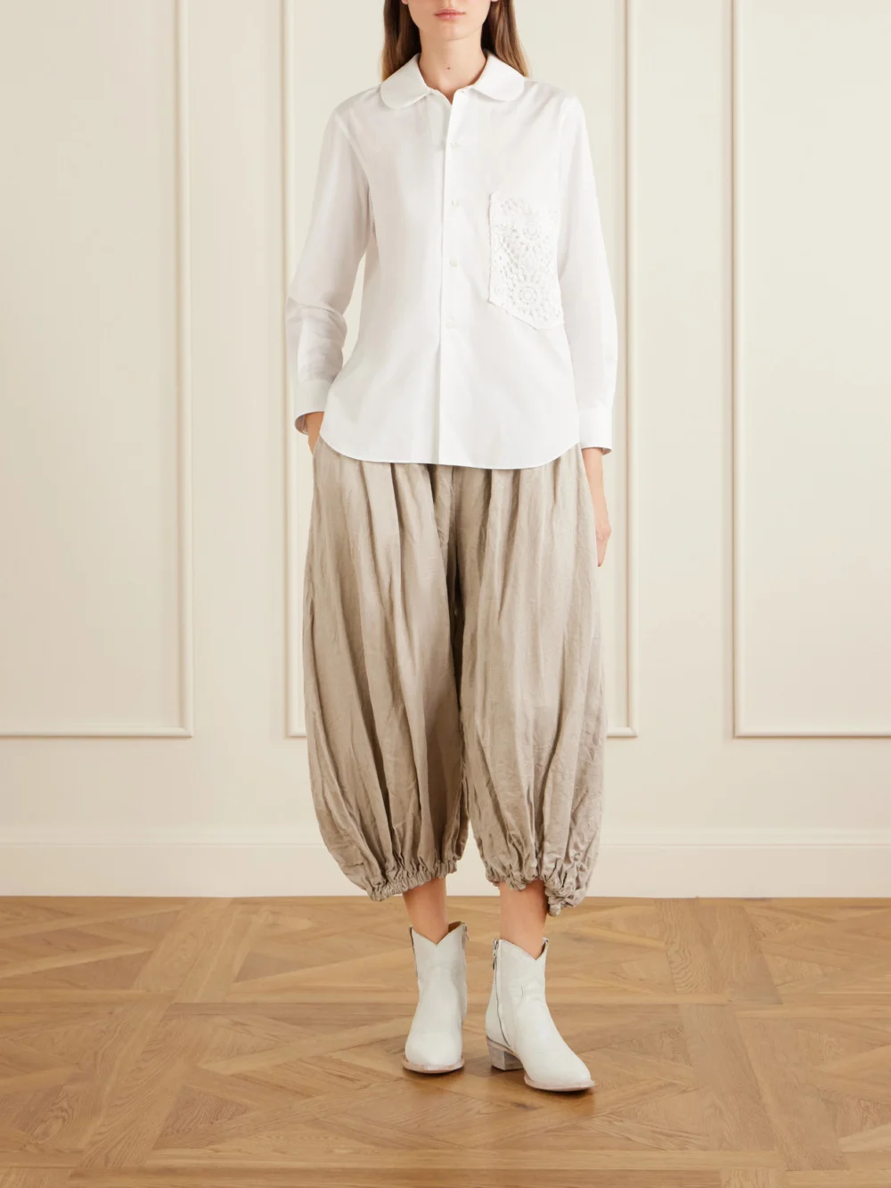Comme des Garçons Crochet-trimmed Cotton-poplin Shirt, worn by a model
