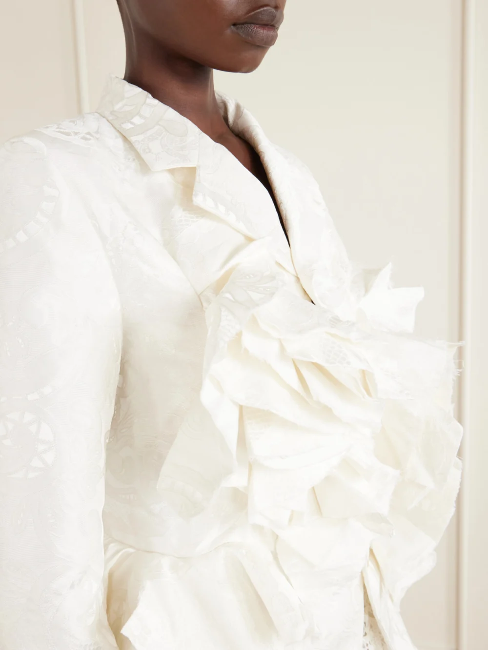 Close-up detail of the Comme des Garçons Frayed Ruffled Brocade Jacket