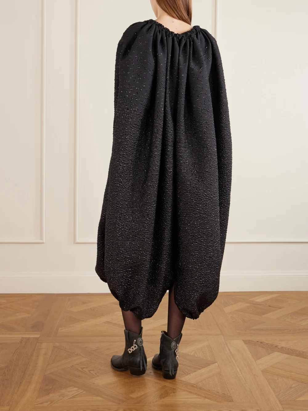 Back view of the Comme des Garçons Gathered Cloqué Midi Dress