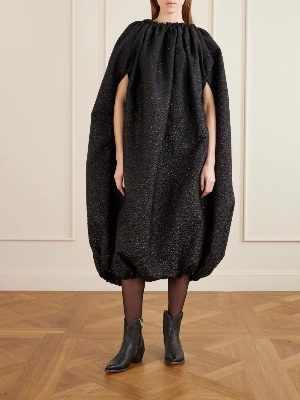 Comme des Garçons Gathered Cloqué Midi Dress, worn by a model