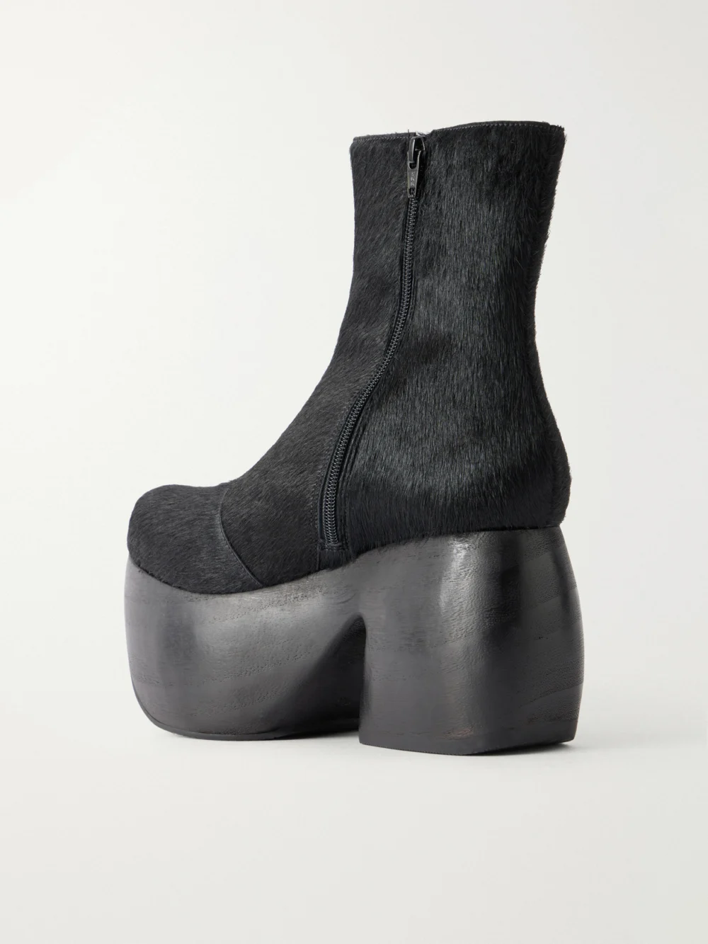 Back view of the Comme des Garçons + John Fluevog Calf Hair Ankle Boots