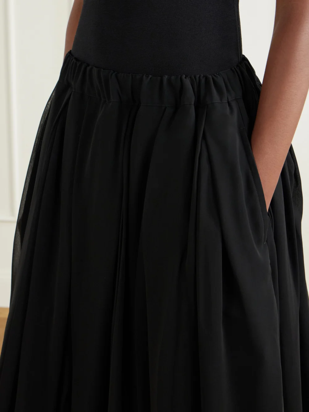 Close-up detail of the Comme des Garçons Layered Gathered Georgette and Organza Midi Skirt