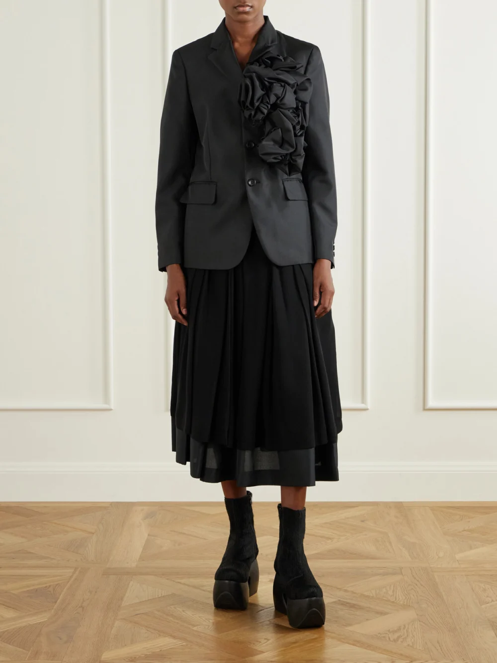 Comme des Garçons Layered Gathered Georgette and Organza Midi Skirt, worn by a model