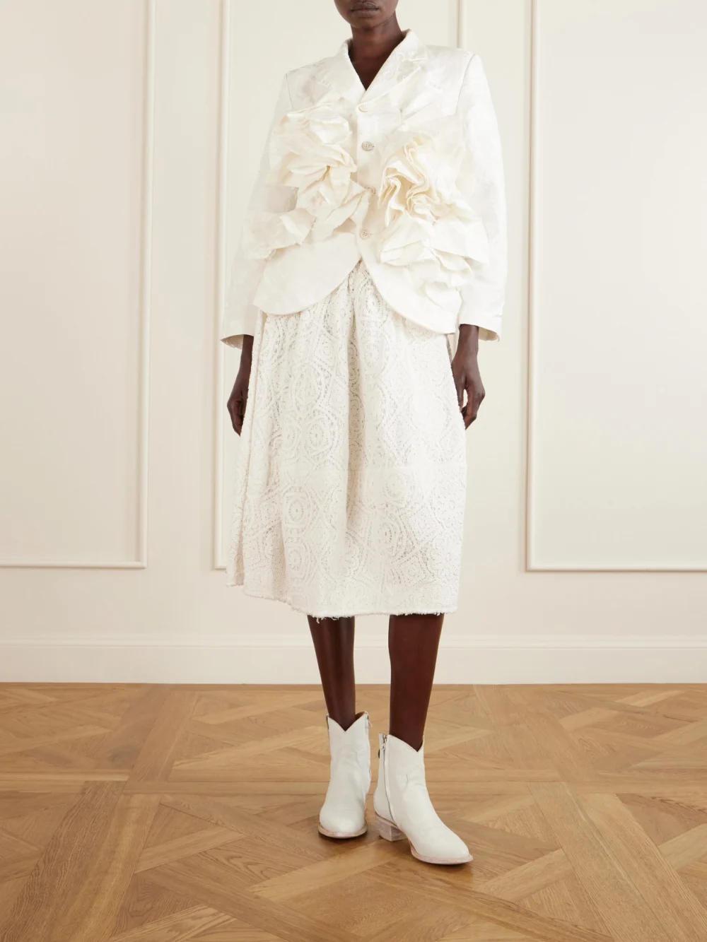Comme des Garçons Pleated Crocheted Cotton Midi Skirt, worn by a model
