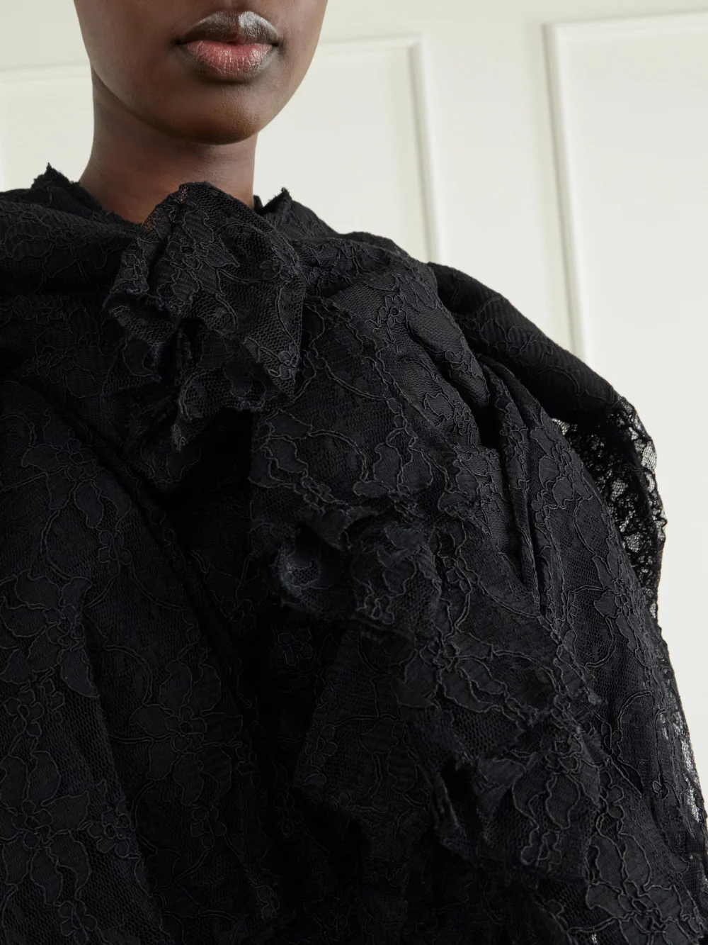 Close-up detail of the Comme des Garçons Ruffled Lace and Silk-blend Georgette Top