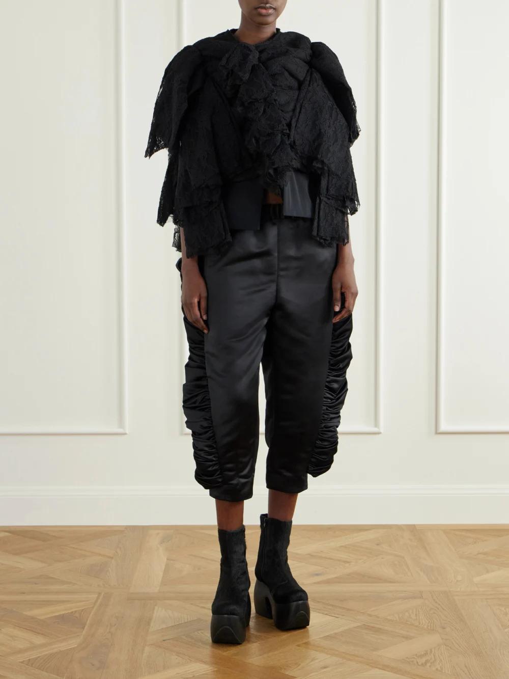 Comme des Garçons Ruffled Lace and Silk-blend Georgette Top, worn by a model