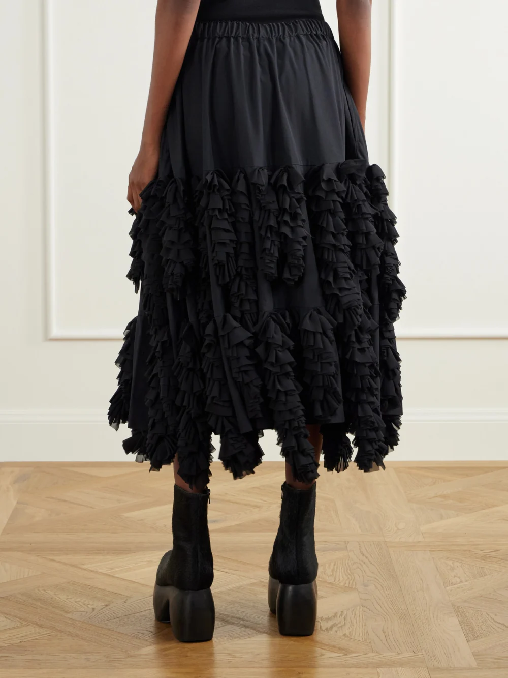 Back view of the Comme des Garçons Tiered Ruffled Georgette Midi Skirt