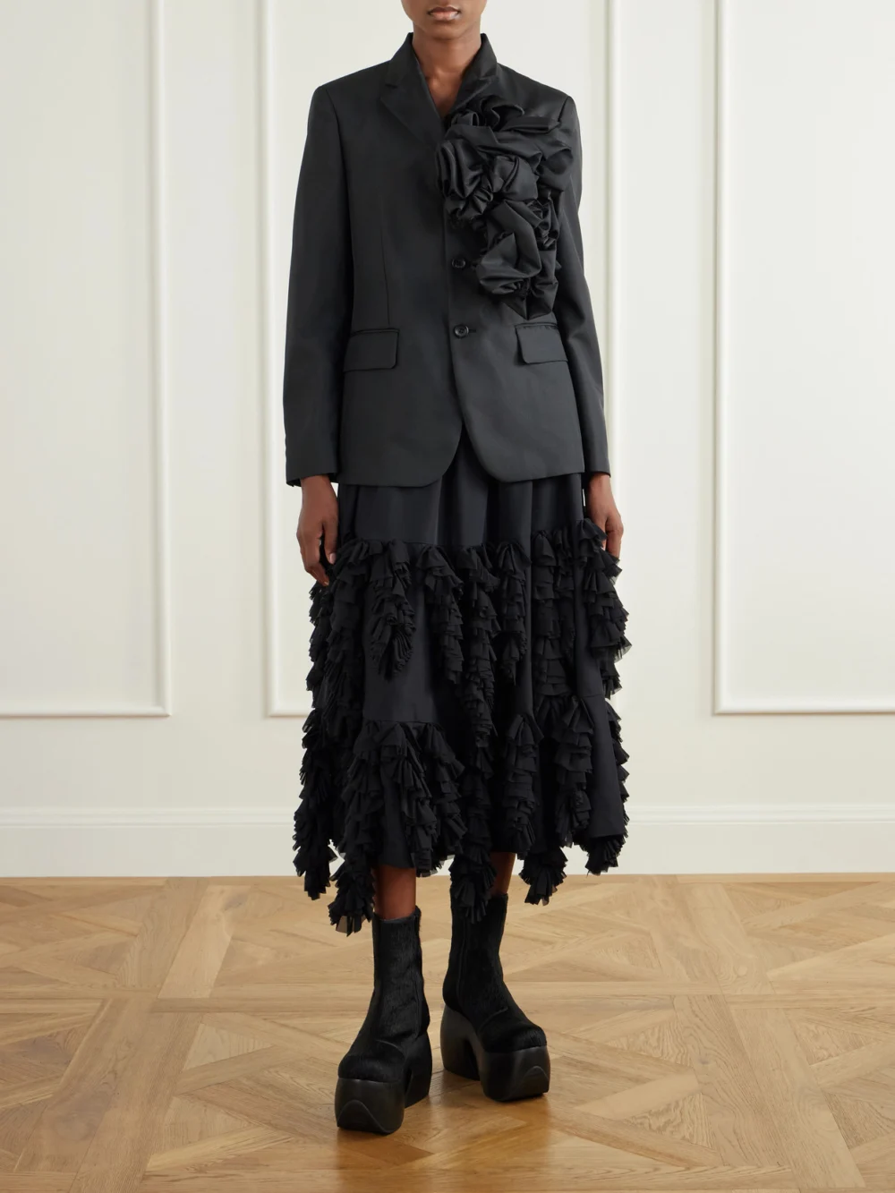 Comme des Garçons Tiered Ruffled Georgette Midi Skirt, worn by a model