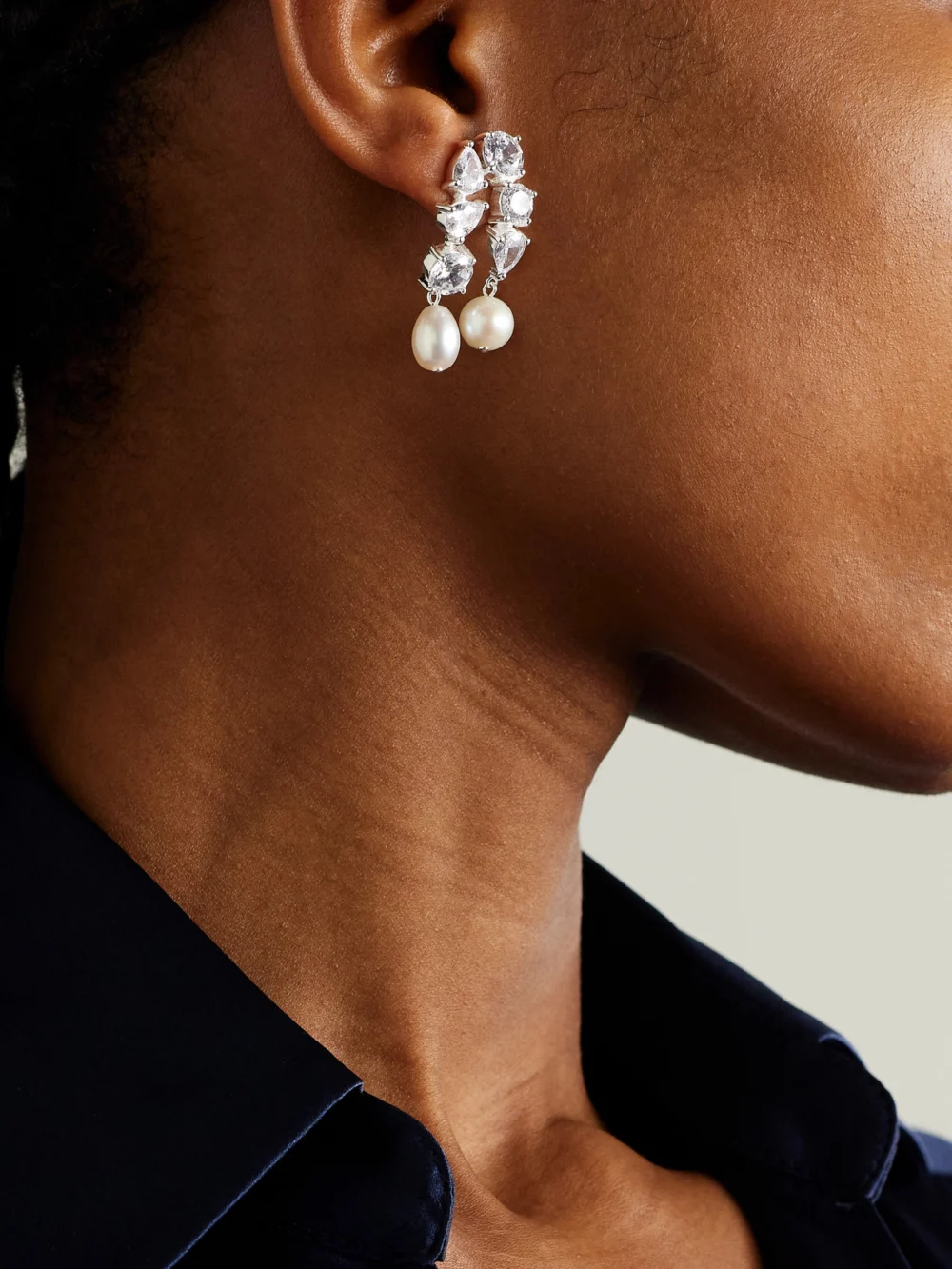 Completedworks Cascading Recycled Silver, Cubic Zirconia and Pearl Earrings, styled view
