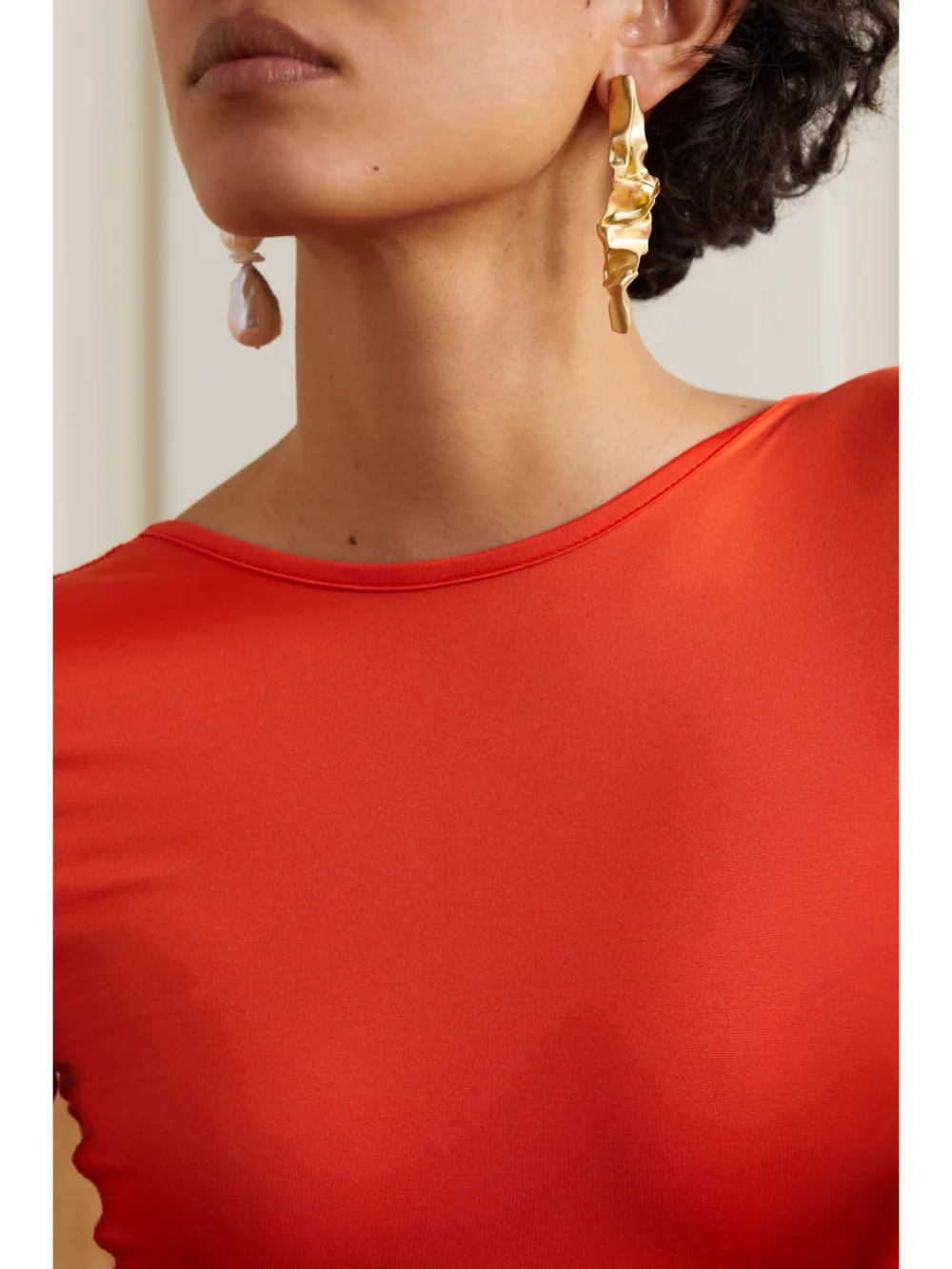 Completedworks Crumple Gold Vermeil, Pearl and Ceramic Earrings, styled view