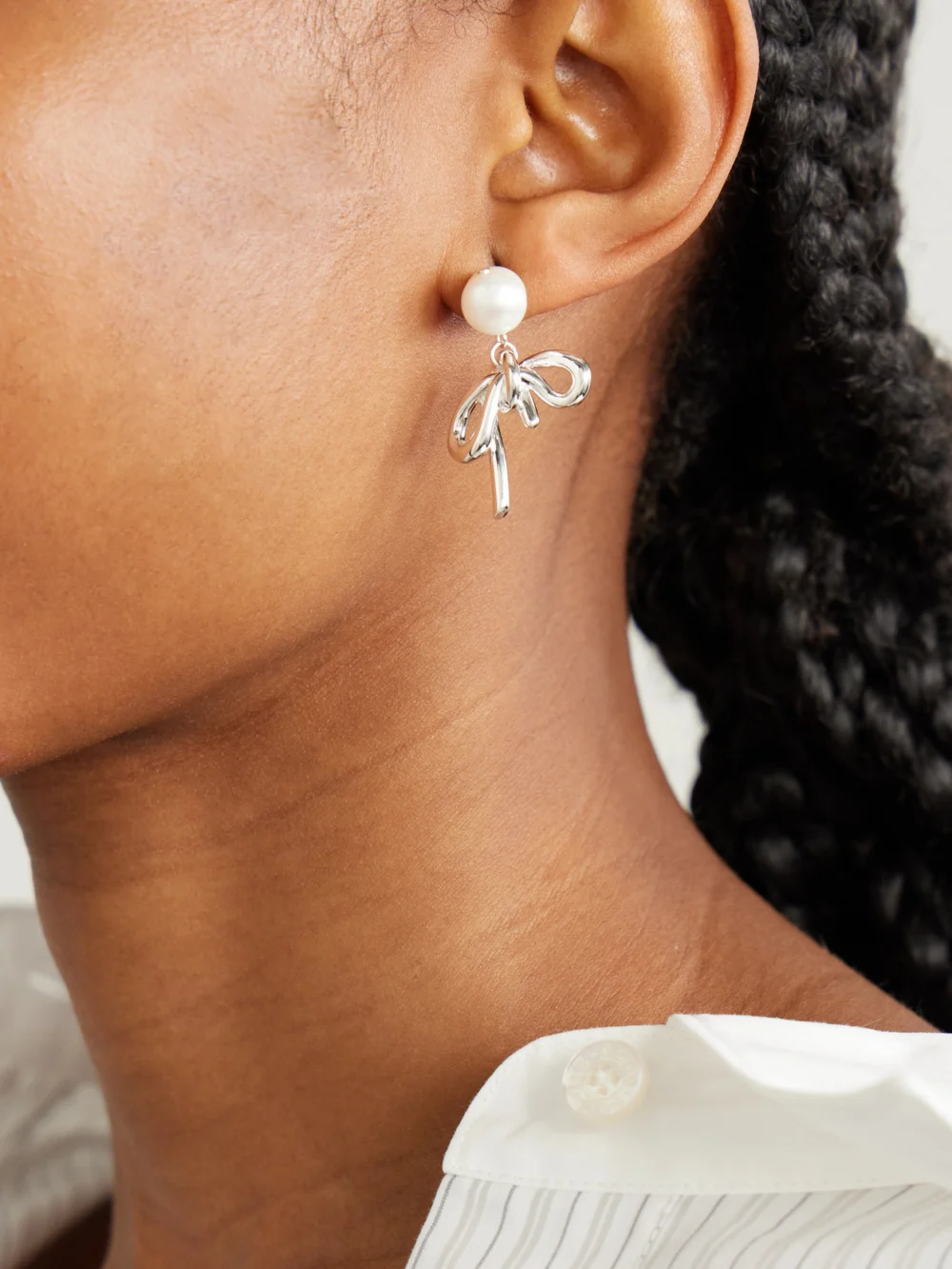 Completedworks Once in a Blue Moon Recycled Silver Pearl Earrings, styled view
