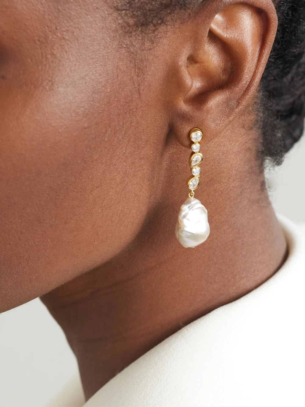 Completedworks Recycled Gold Vermeil, Pearl and Cubic Zirconia Earrings, styled view