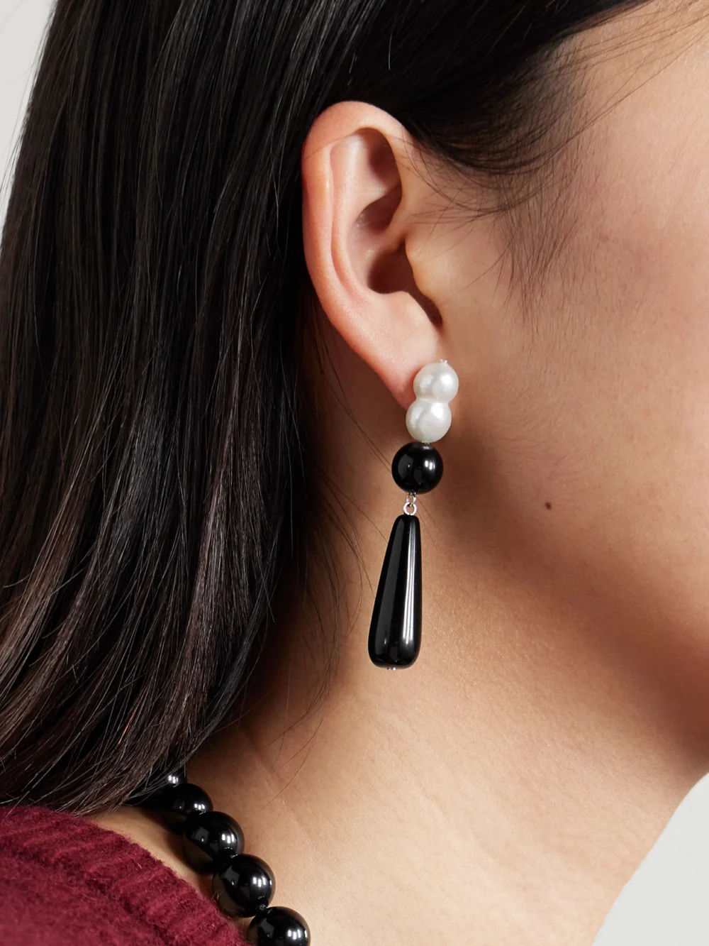 Completedworks Tarn Ii Recycled Silver, Onyx and Pearl Earrings, styled view