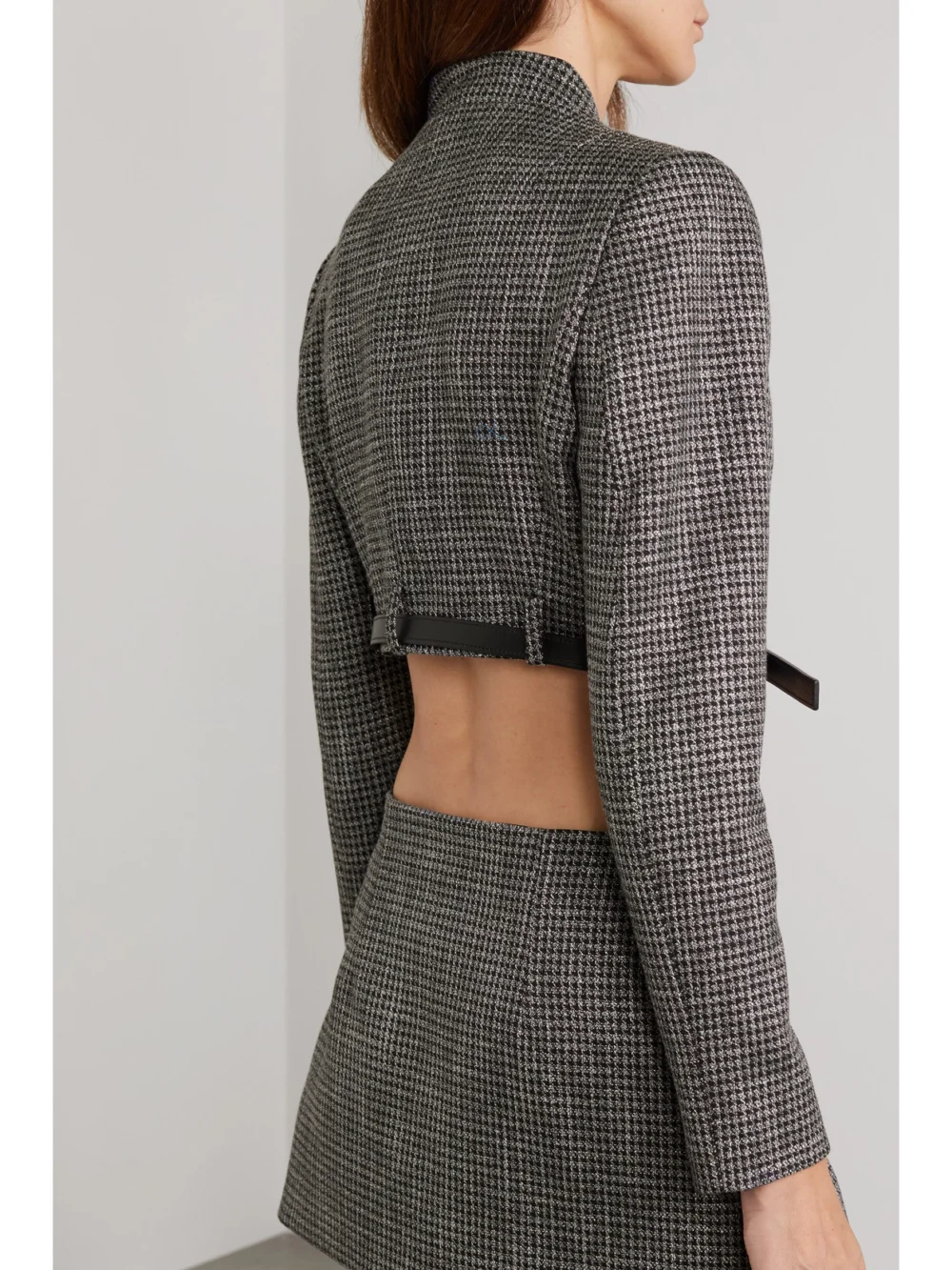 Back view of the Coperni Belted Cropped Checked Metallic Tweed Jacket