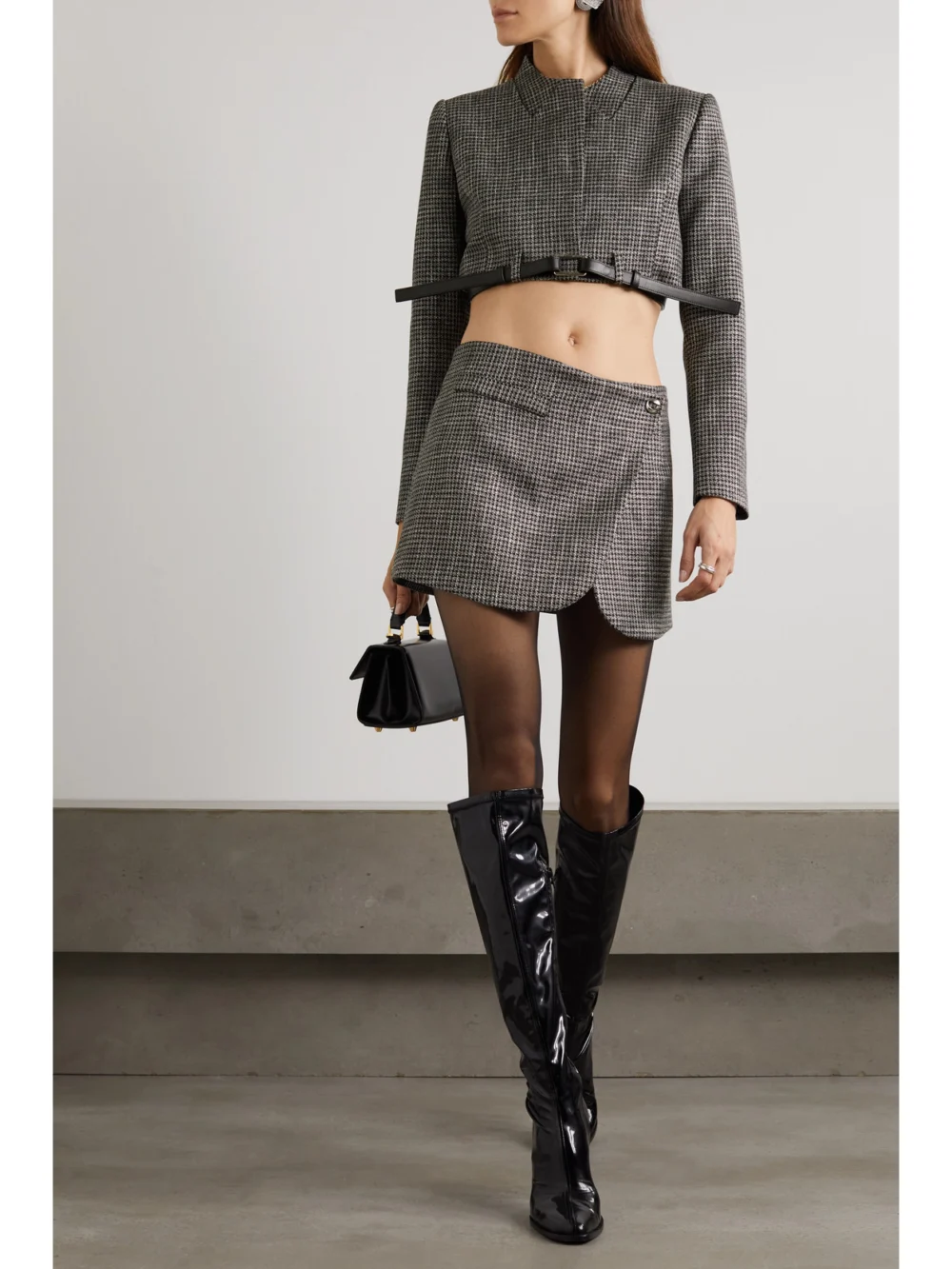 Coperni Belted Cropped Checked Metallic Tweed Jacket, worn by a model