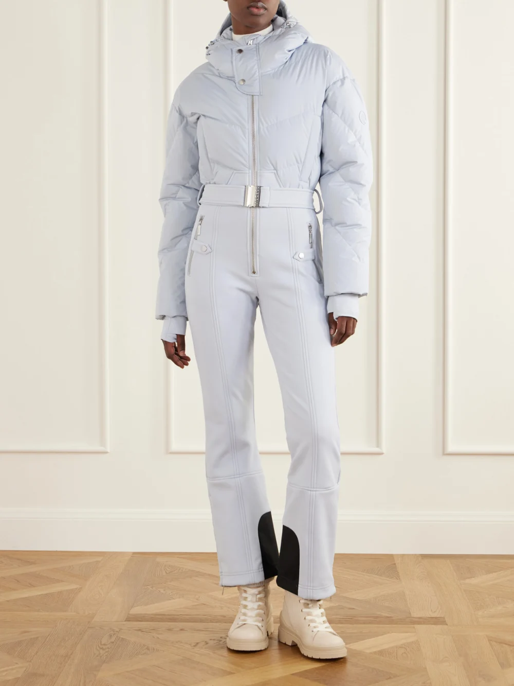 Cordova Ajax Belted Quilted Down Ski Suit, worn by a model
