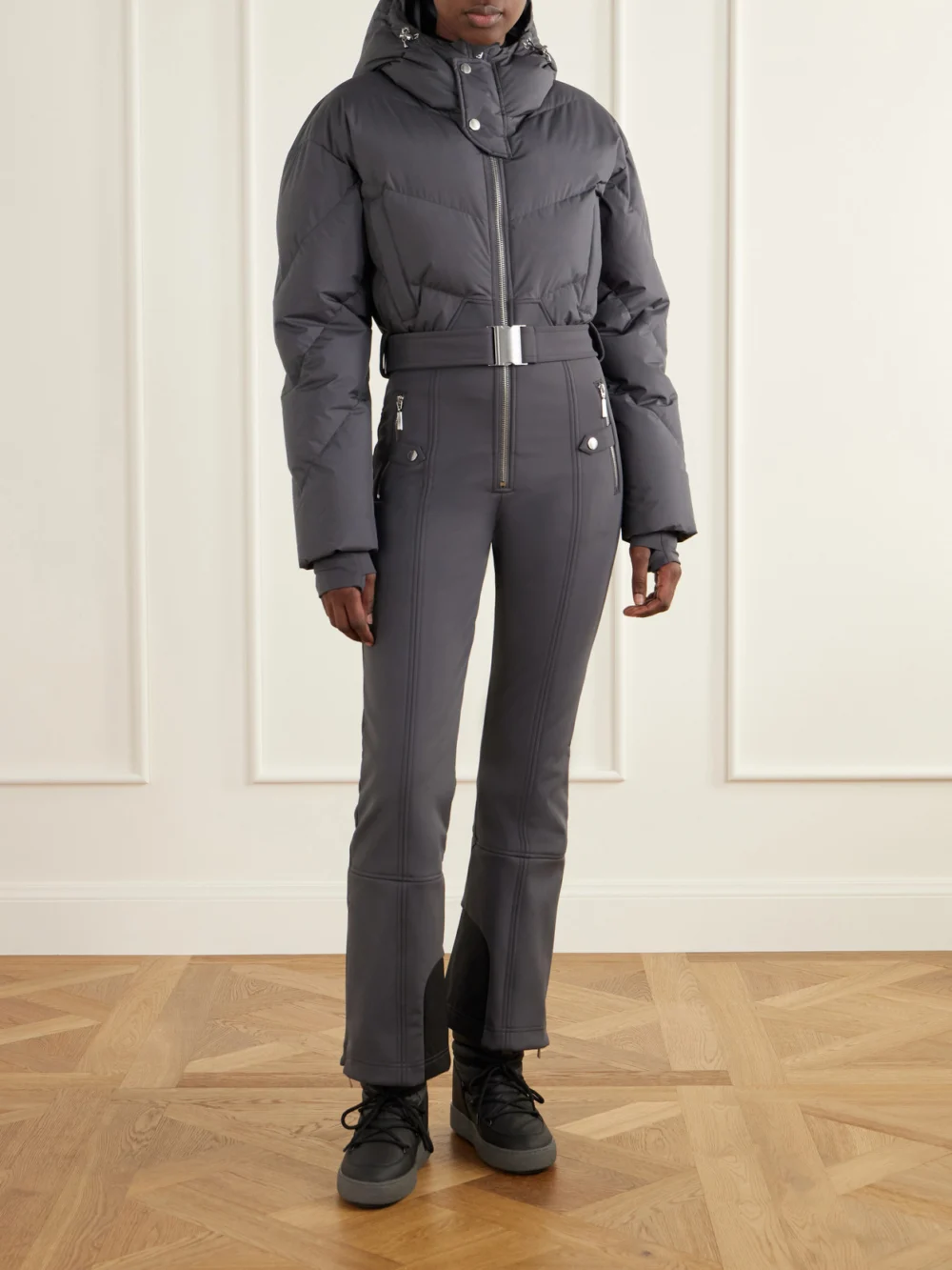 Cordova Ajax Belted Quilted Down Ski Suit, worn by a model