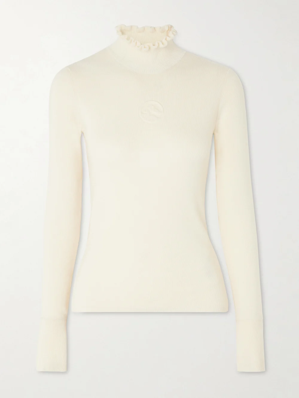 Cordova Kitz Ruffled Ribbed Merino Wool-blend Turtleneck Sweater in ivory