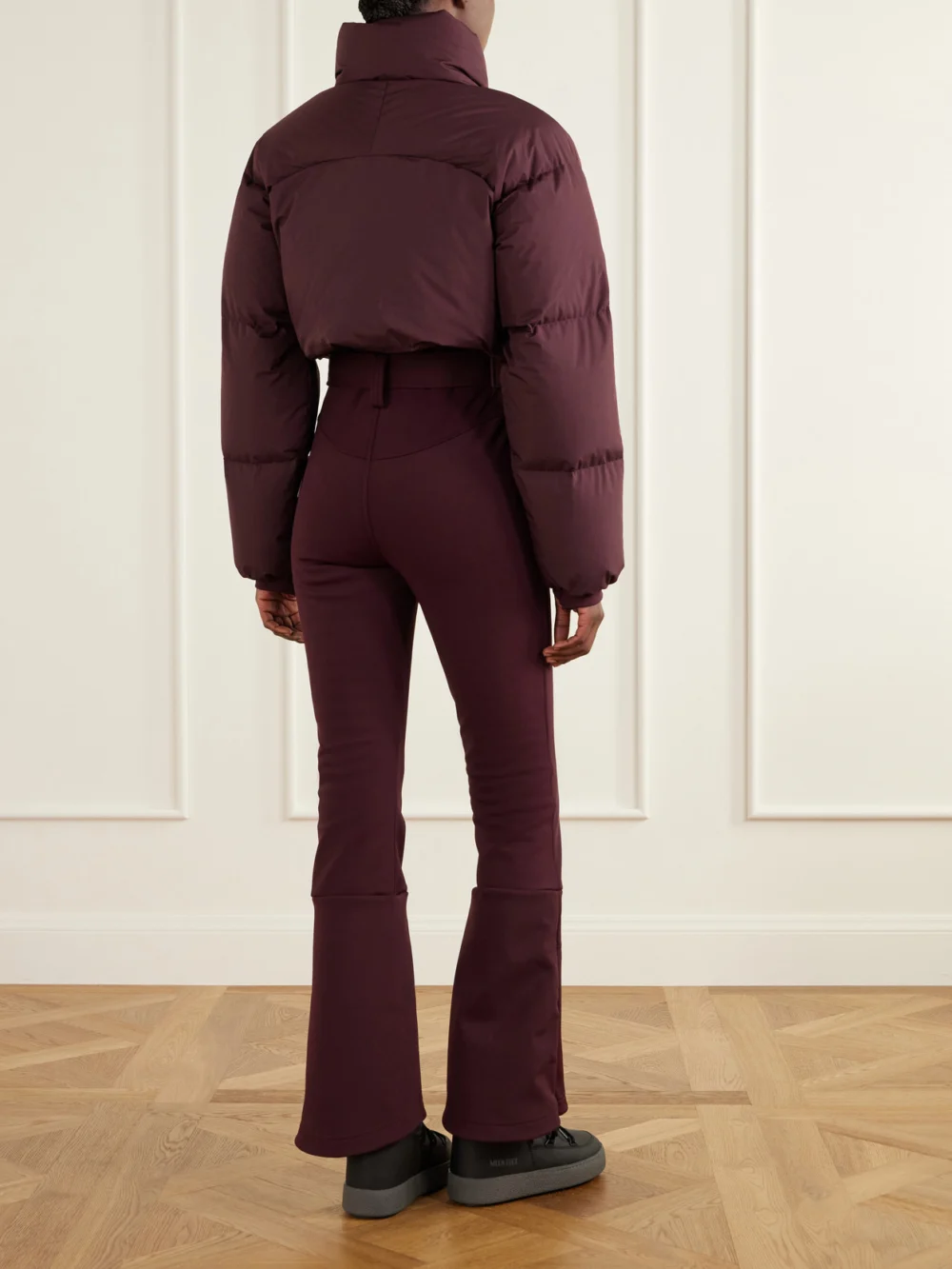 Back view of the Cordova Myoko Belted Quilted Down Ski Suit