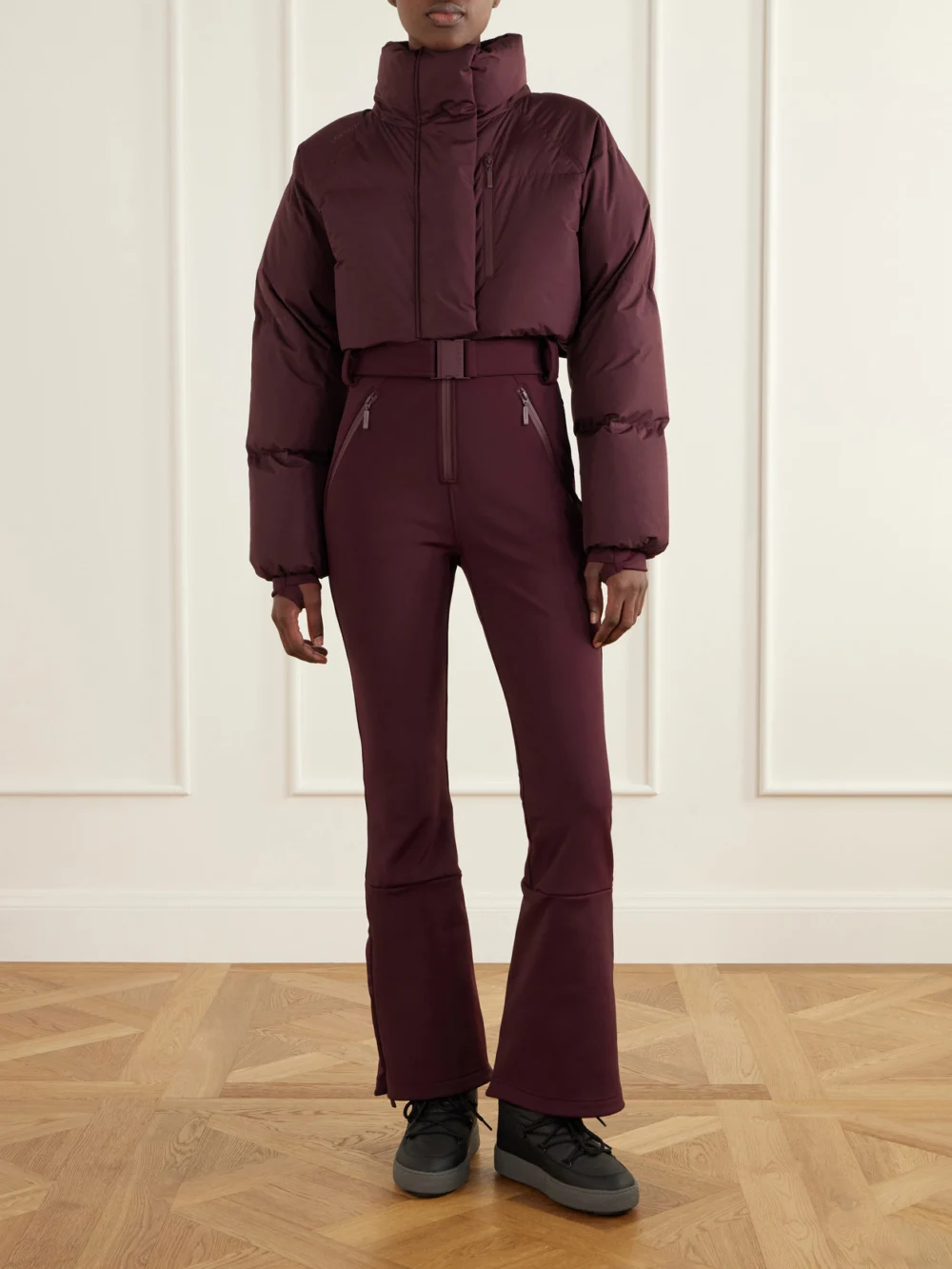 Cordova Myoko Belted Quilted Down Ski Suit, worn by a model