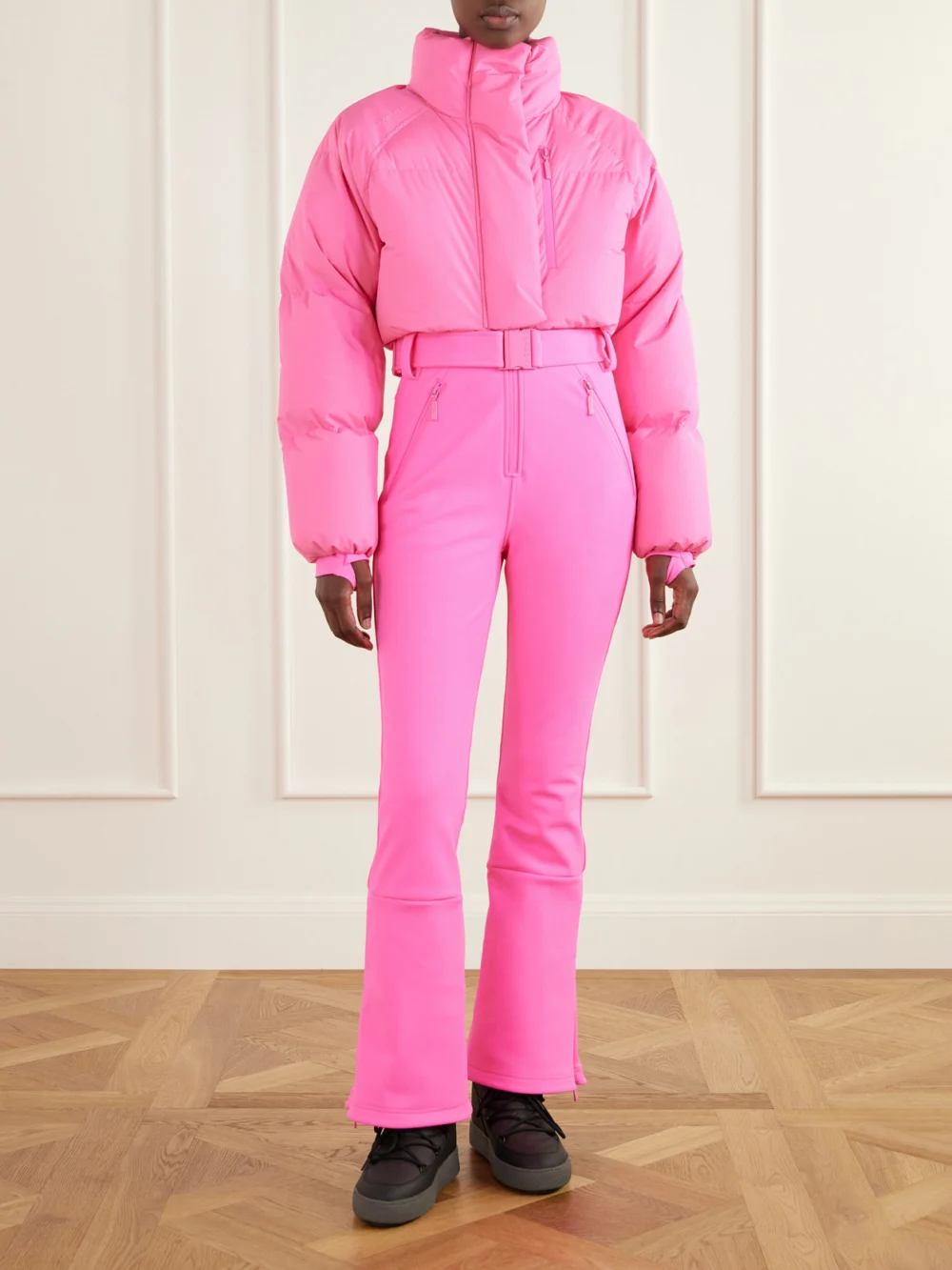 Cordova Myoko Belted Quilted Down Ski Suit, worn by a model