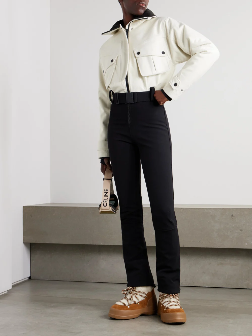 Cordova The Telluride Belted Two-tone Wool-blend and Twill Ski Suit, worn by a model