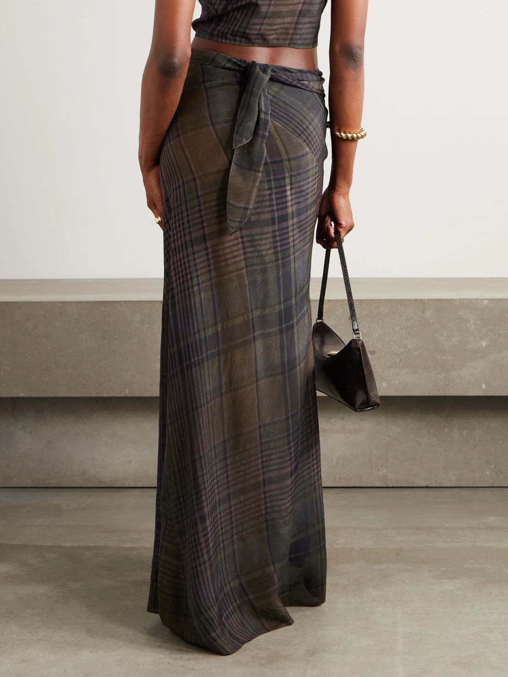 Back view of the Cortana Agate Checked Crepe Maxi Wrap Skirt