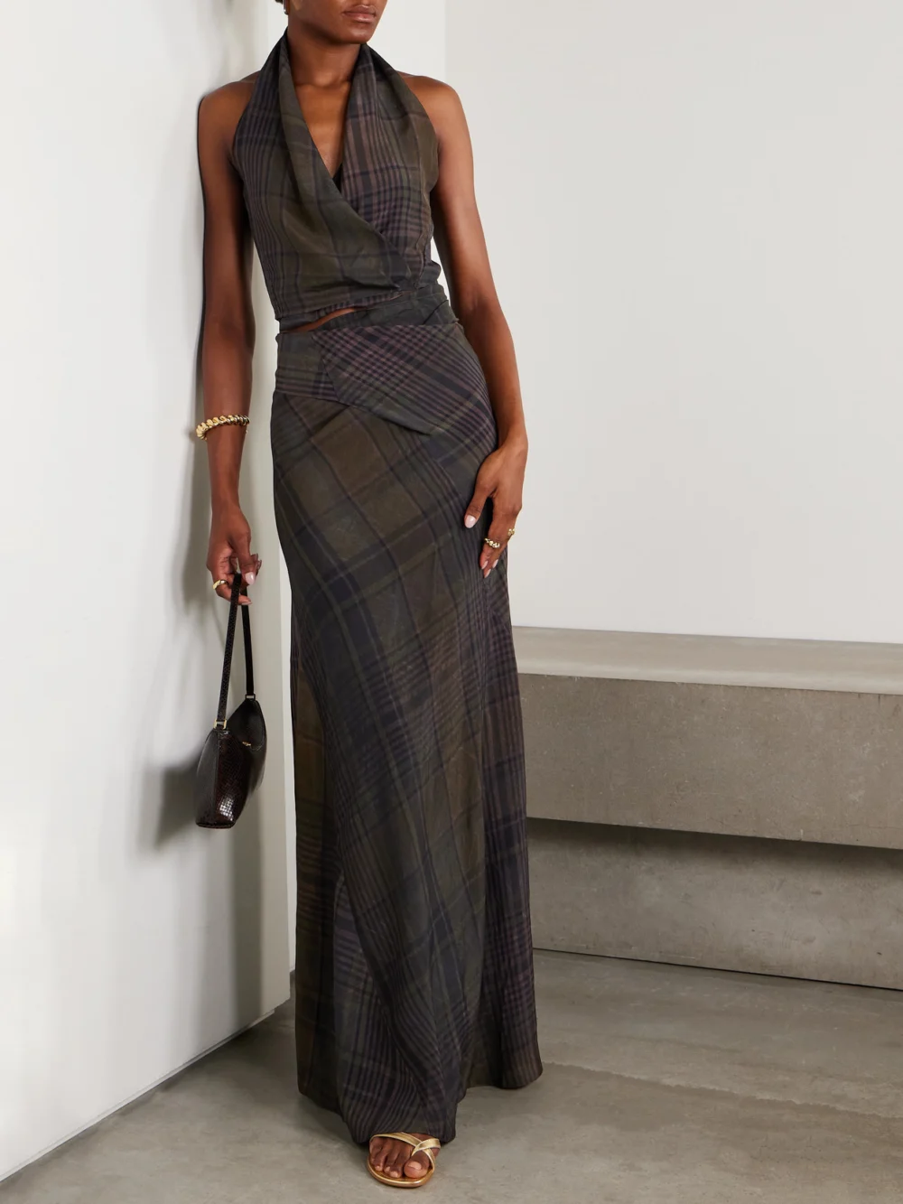 Cortana Agate Checked Crepe Maxi Wrap Skirt, worn by a model