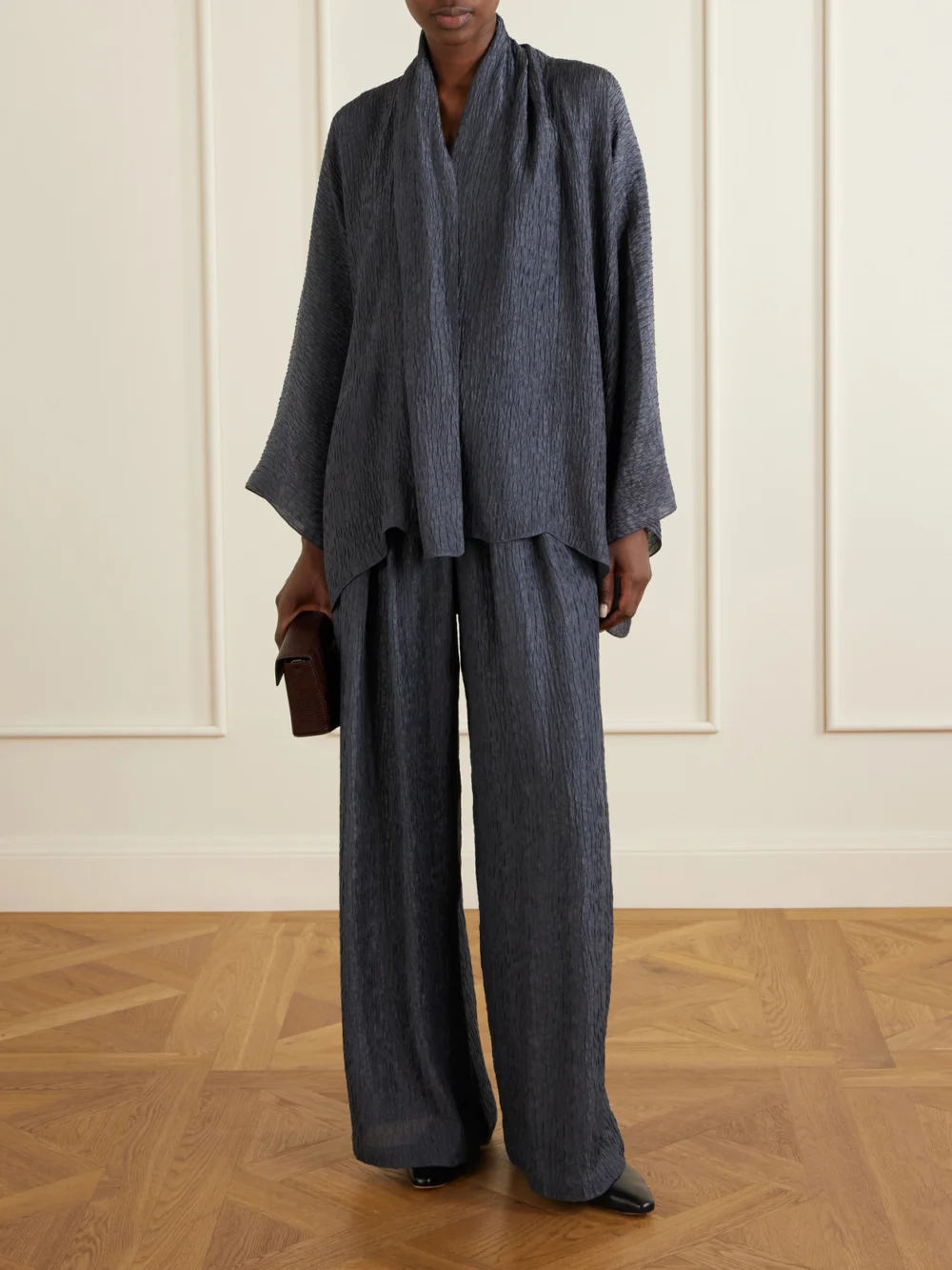 Cortana Anhelo Crinkled Silk-charmeuse Wide-leg Pants, worn by a model