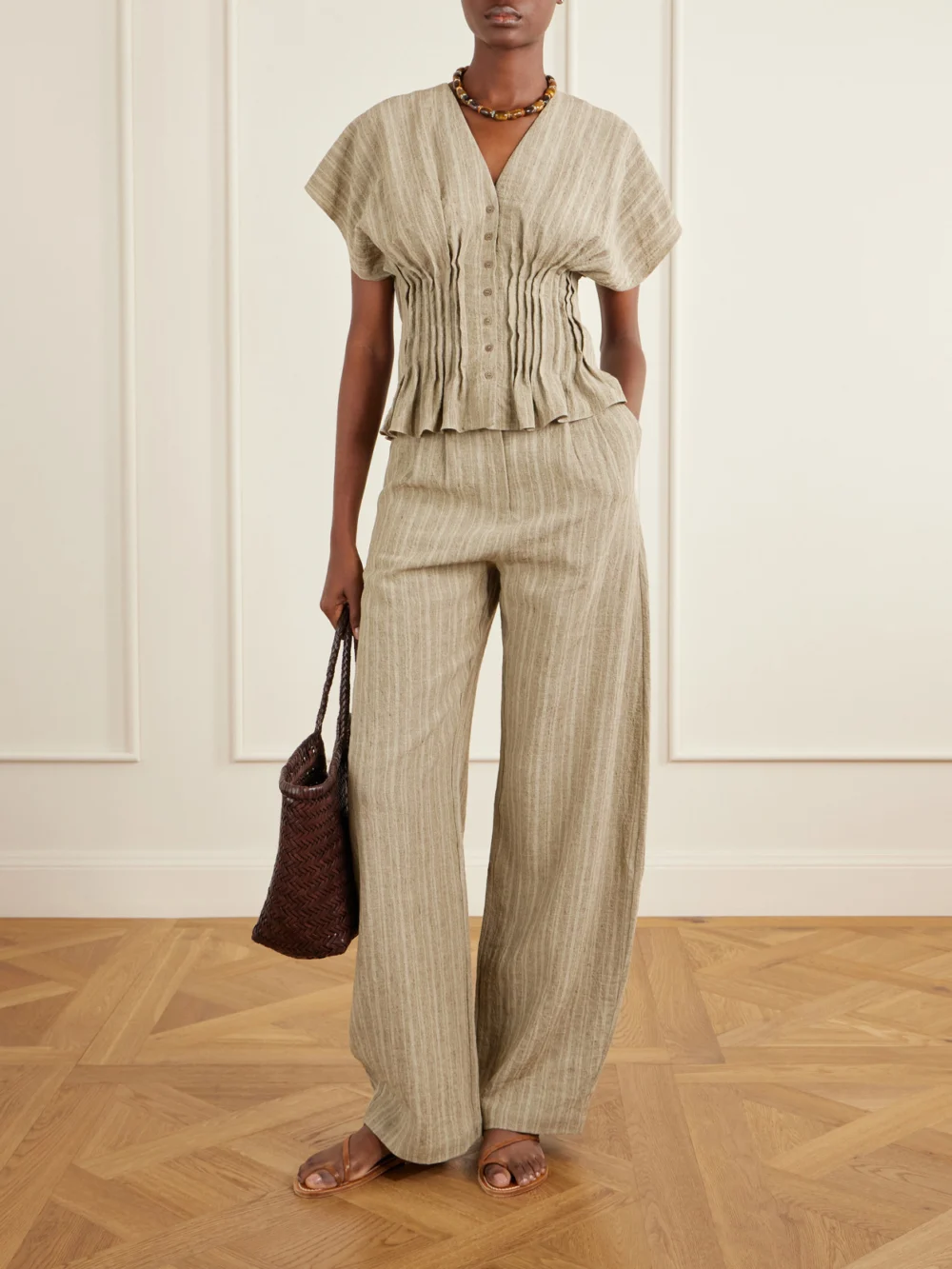 Cortana Camila Gathered Linen Top, worn by a model