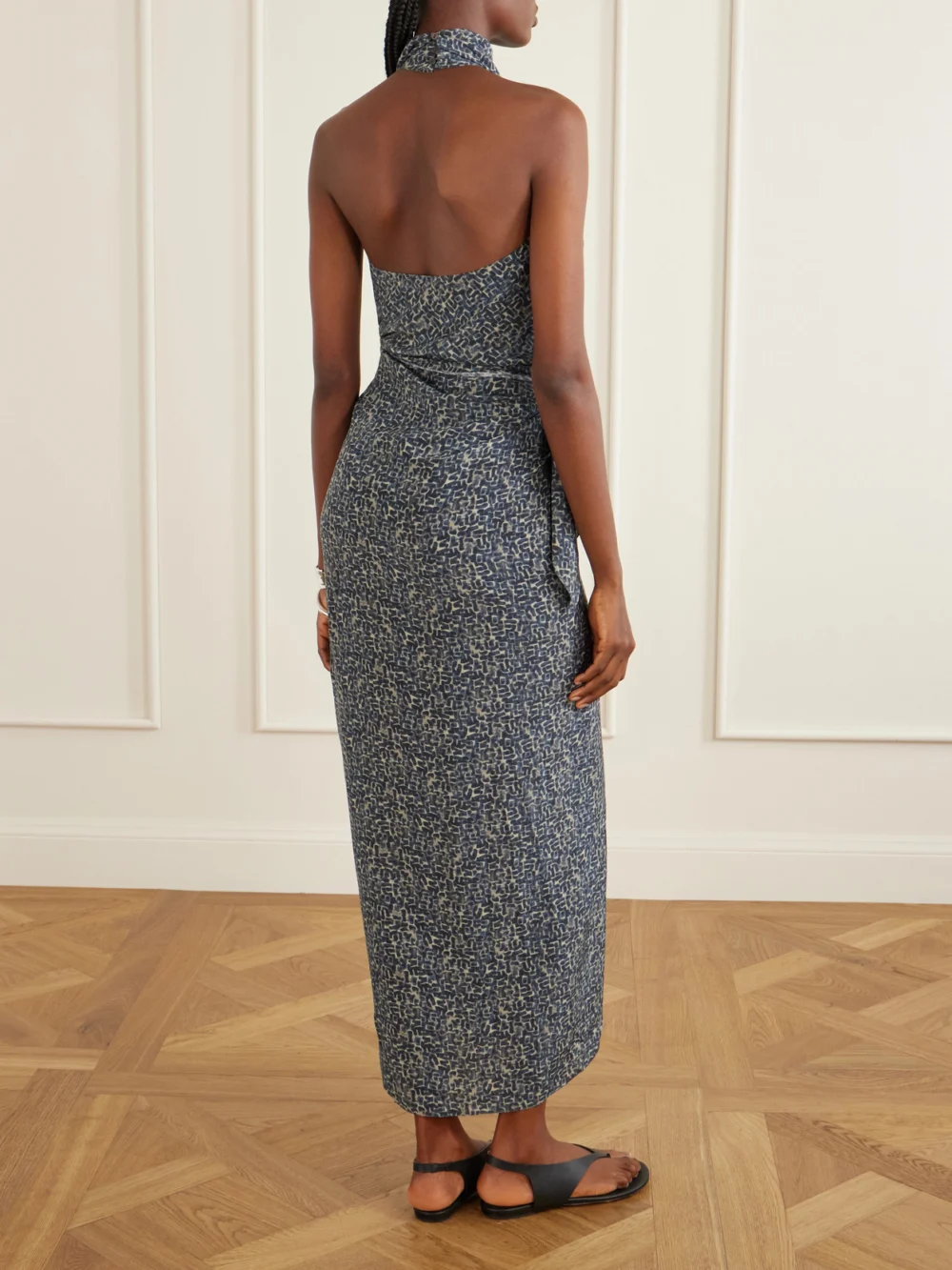 Back view of the Cortana Corallo Printed Silk-satin Midi Dress