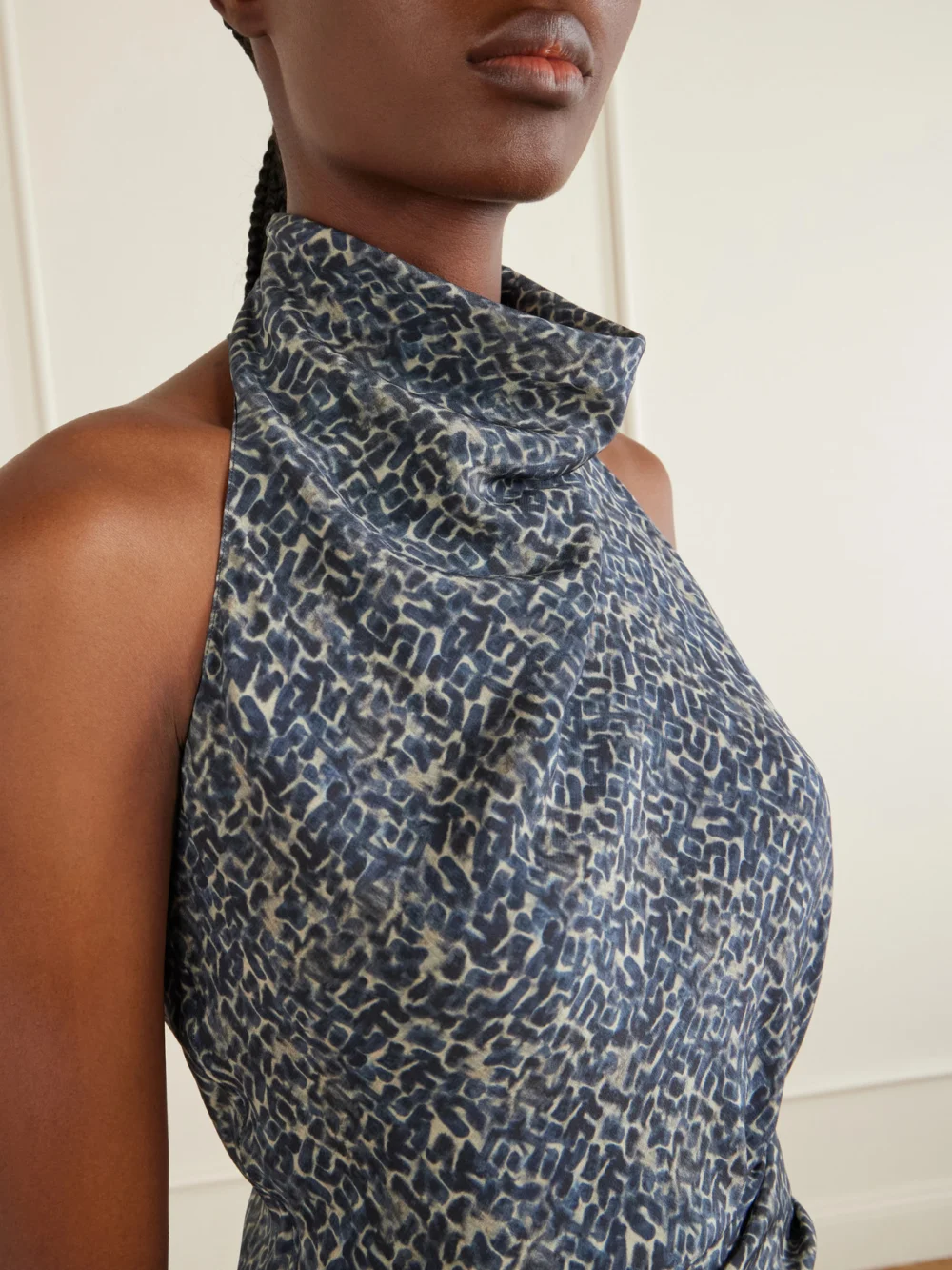 Close-up detail of the Cortana Corallo Printed Silk-satin Midi Dress