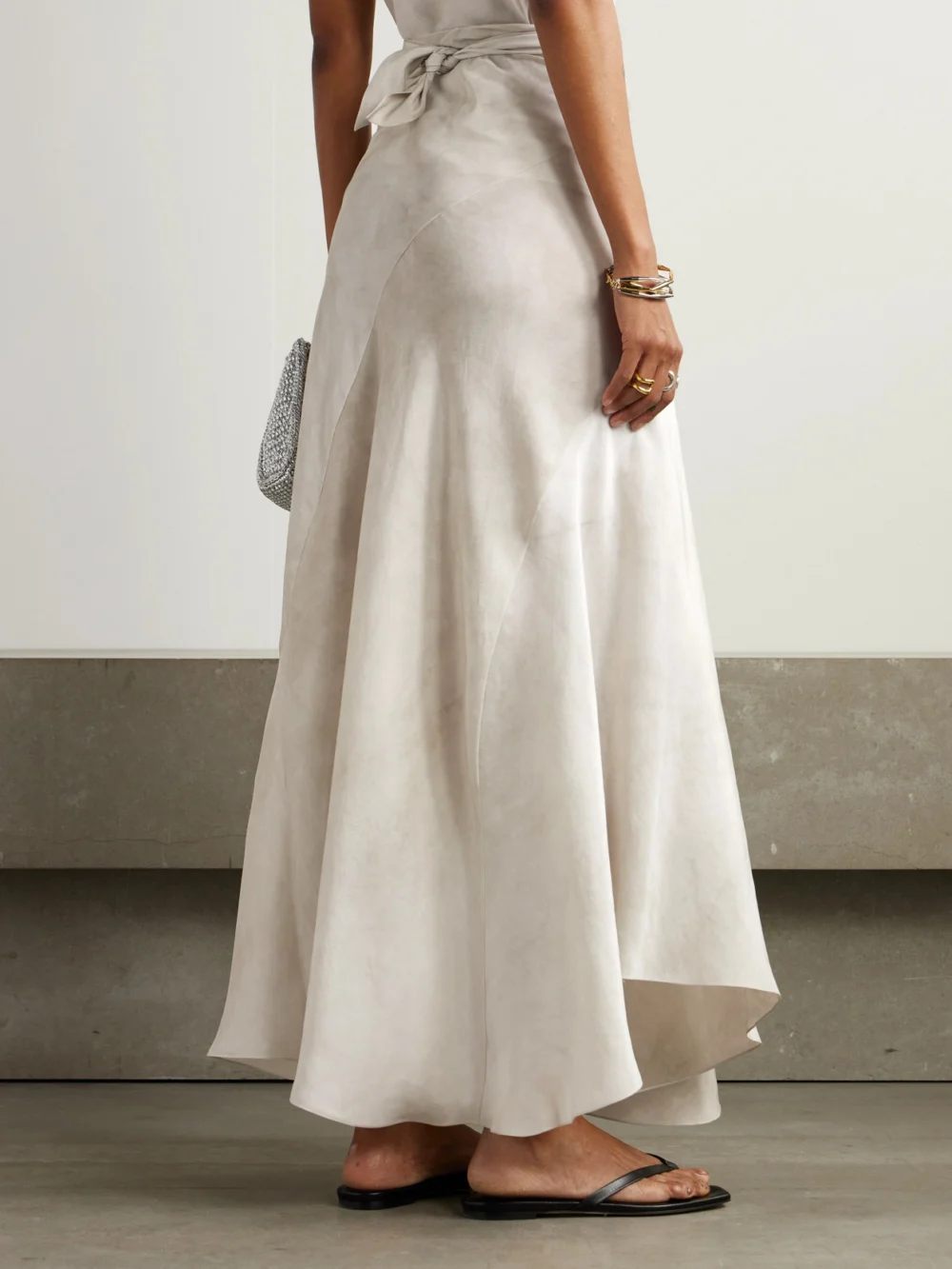 Back view of the Cortana Dali Asymmetric Paneled Silk Maxi Skirt