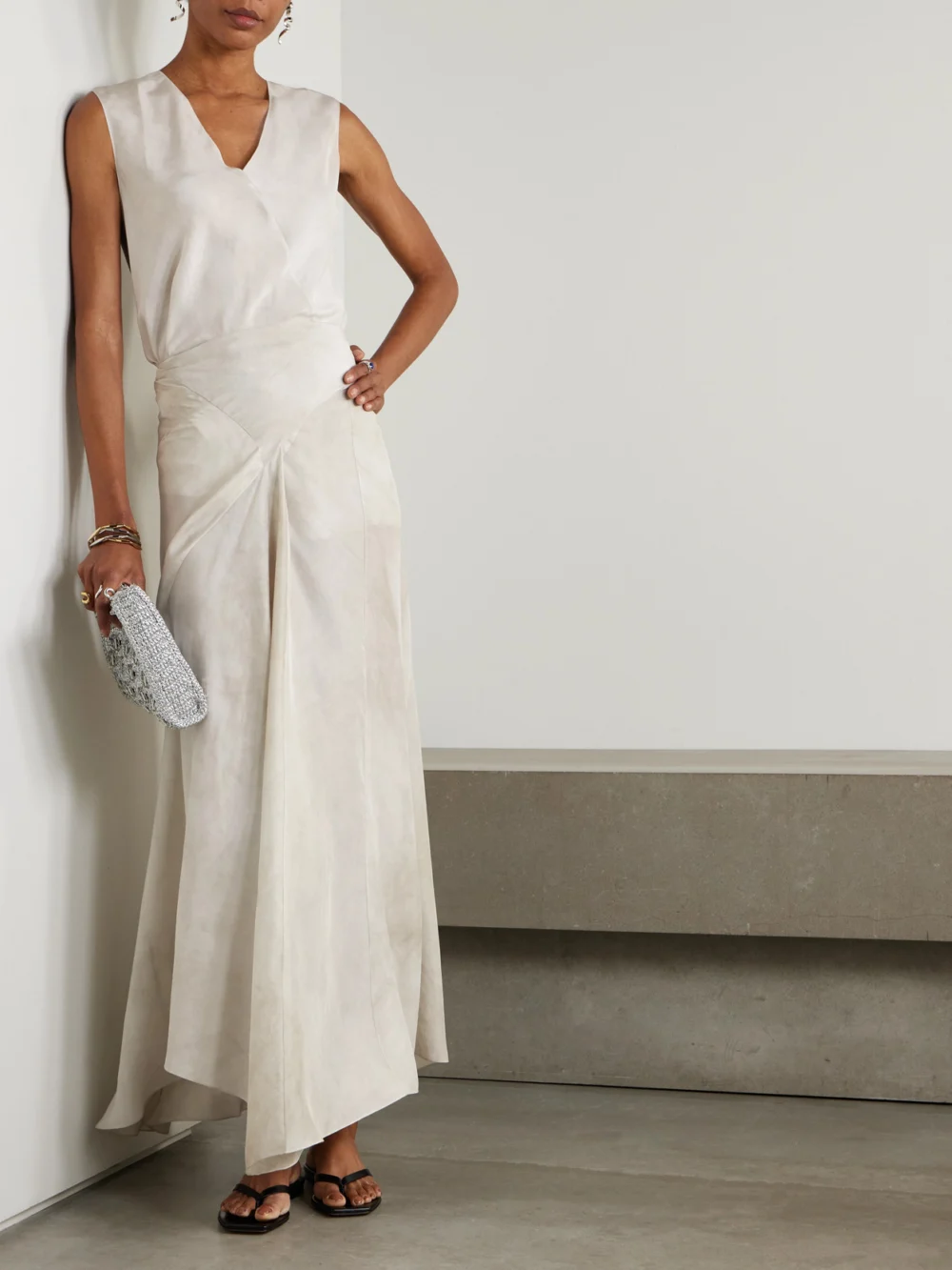 Cortana Dali Asymmetric Paneled Silk Maxi Skirt, worn by a model